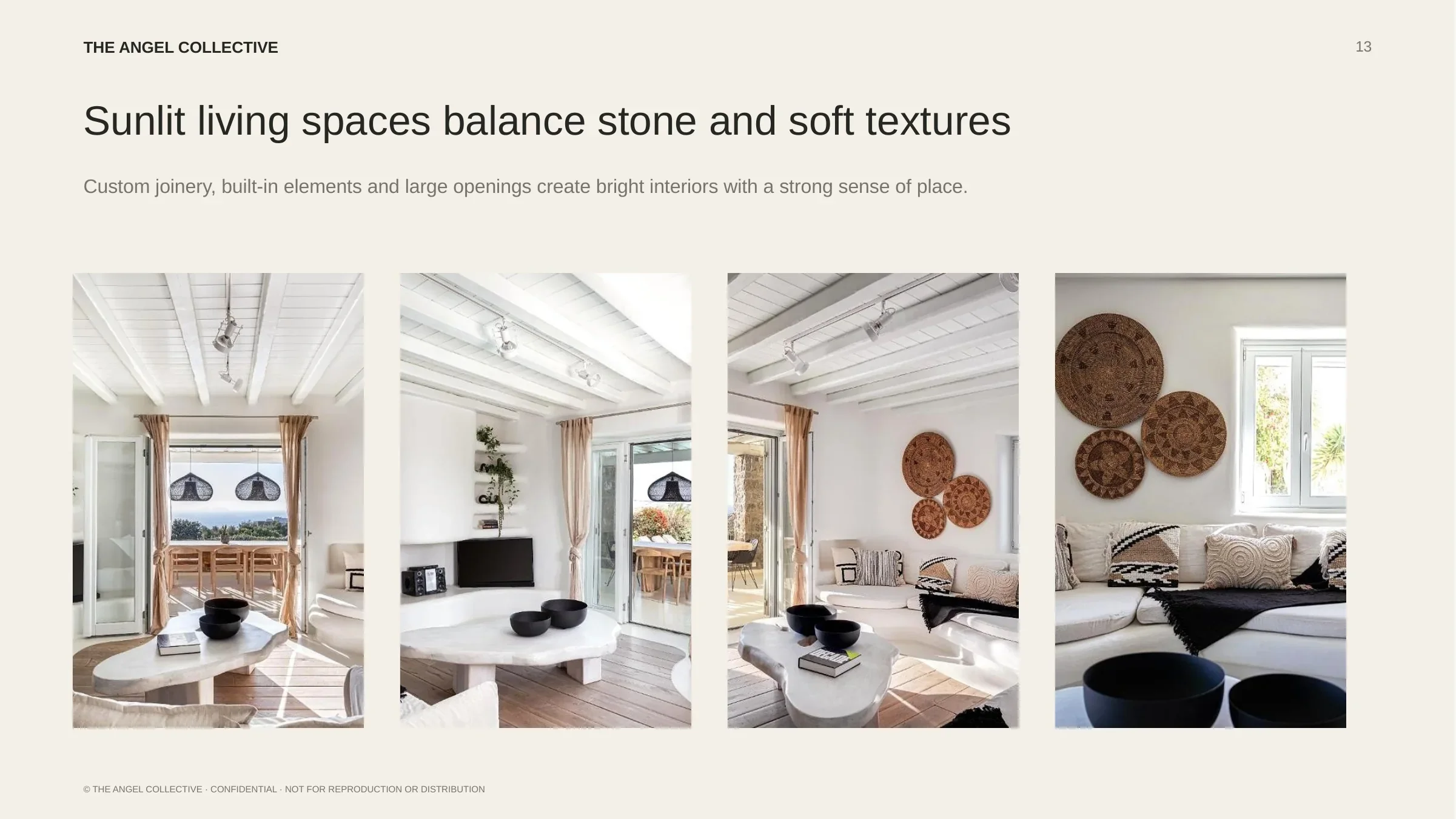 Living spaces: Bright Cycladic living spaces combining white interiors, natural stone, timber details and soft furnishings.