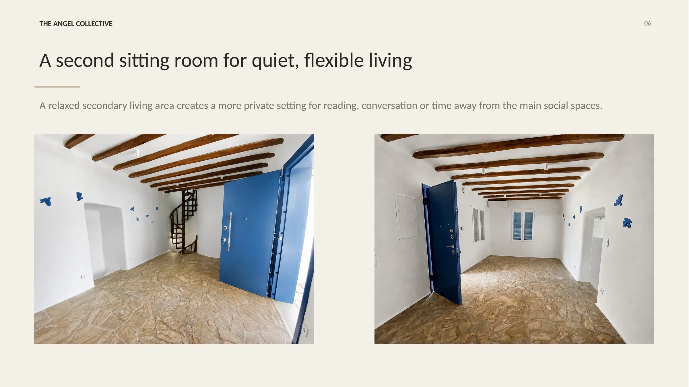 Quiet secondary sitting room with exposed timber beams, stone flooring and blue Mykonian doors.
