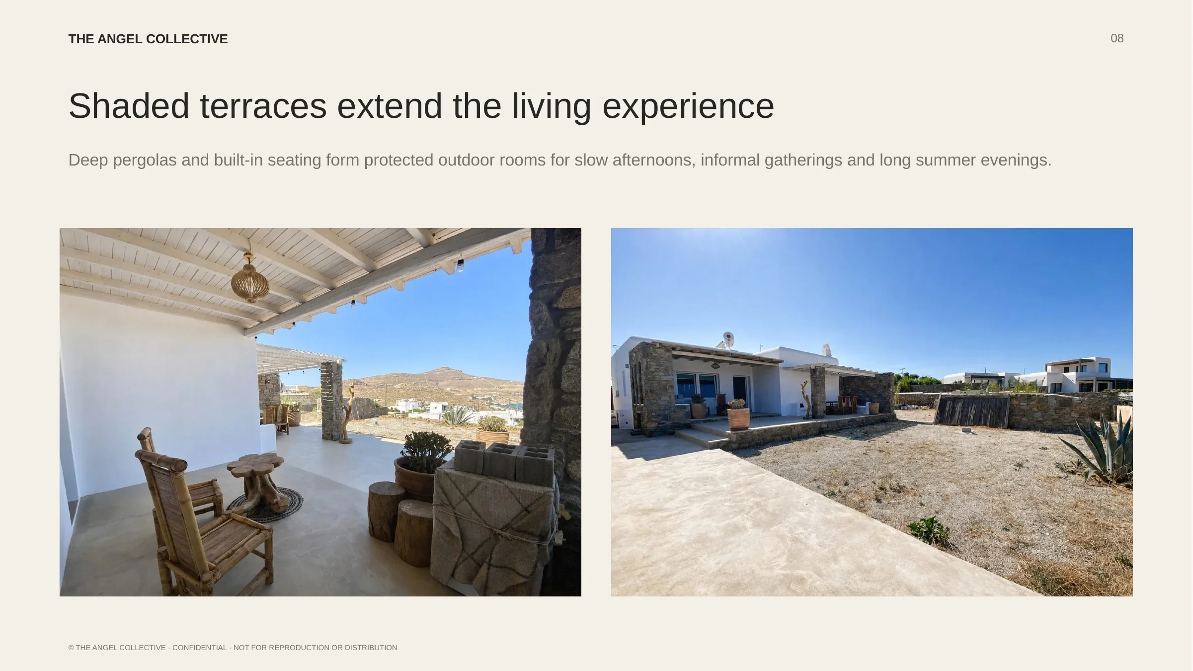 Pergola-shaded terraces and built-in seating designed for relaxed outdoor living in Mykonos.