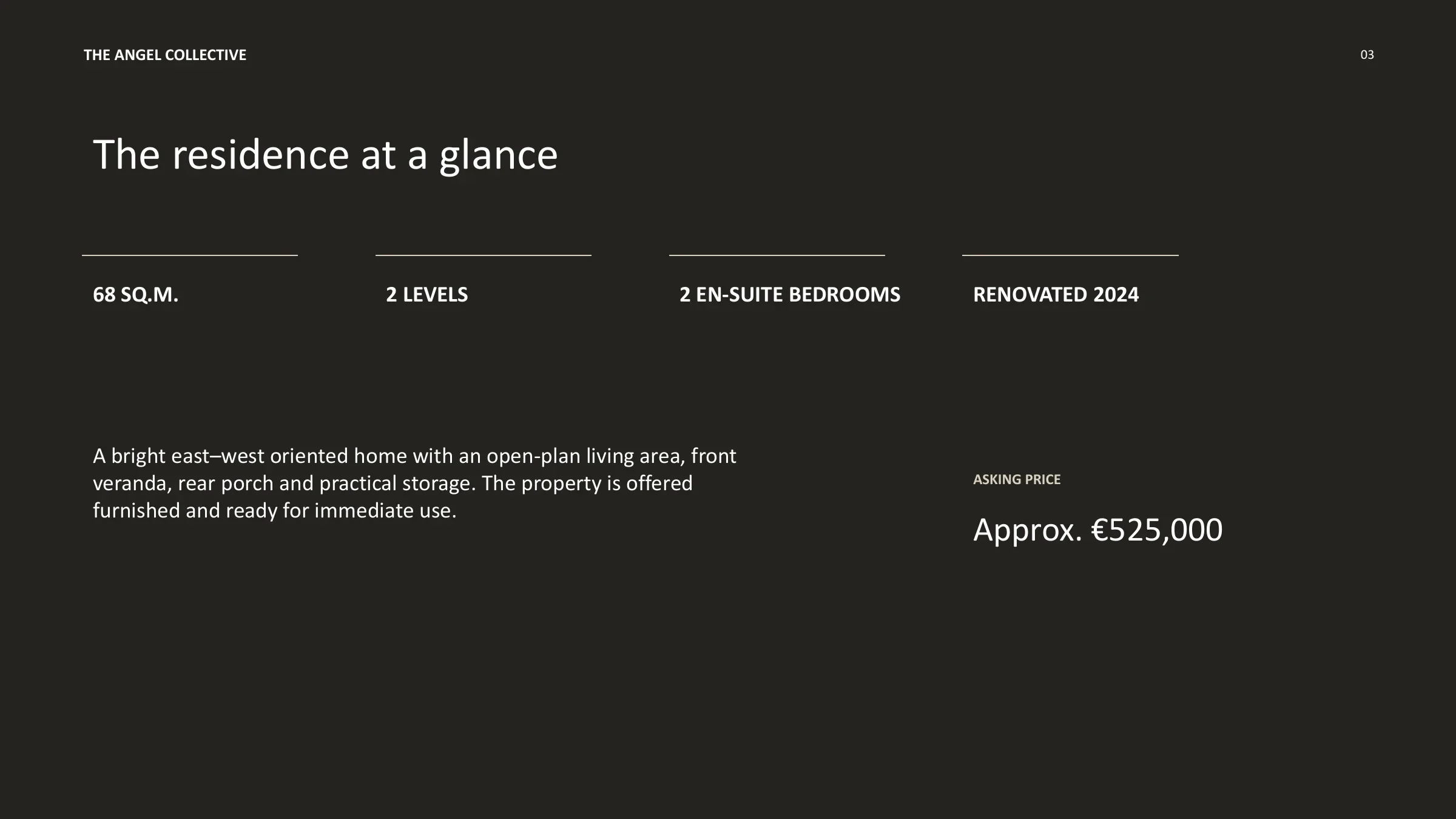 Overview of a renovated 68-square-metre apartment in Ornos with two levels and two en-suite bedrooms.