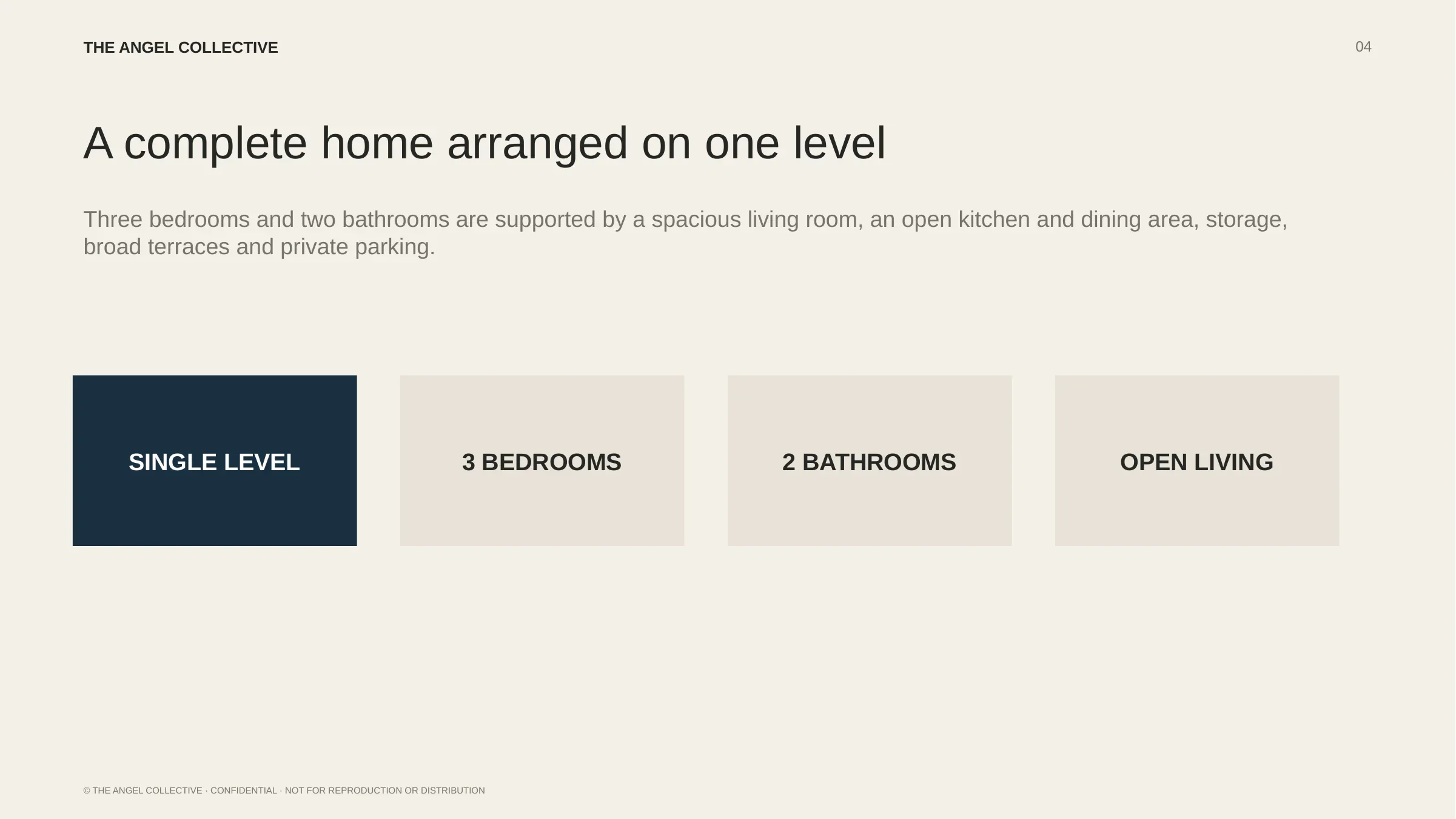 Single-level property layout with three bedrooms, two bathrooms and open living spaces.