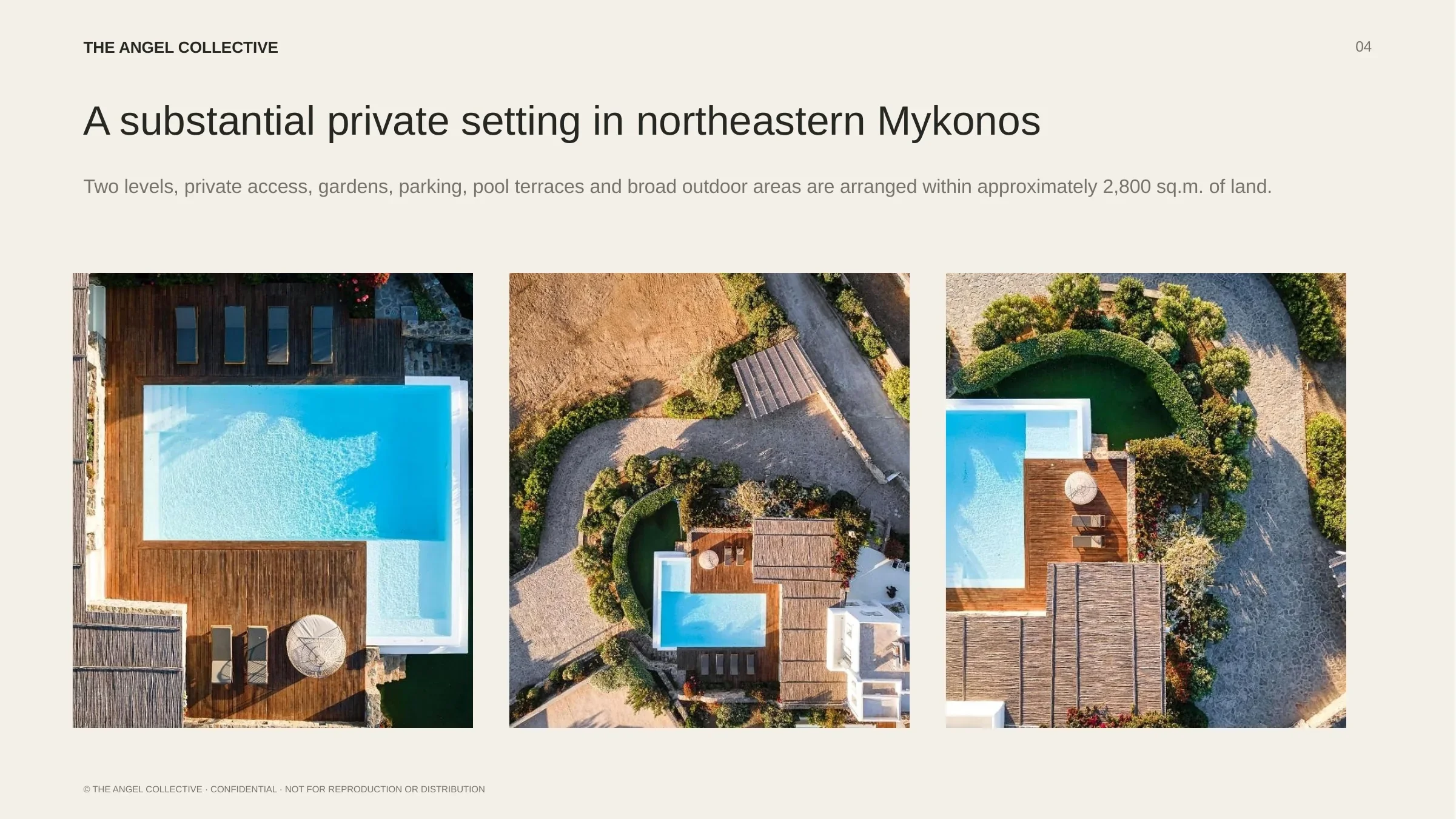 Aerial views: Aerial views of El Sueno villa, its private swimming pool, landscaped grounds and surrounding Mykonos countryside.
