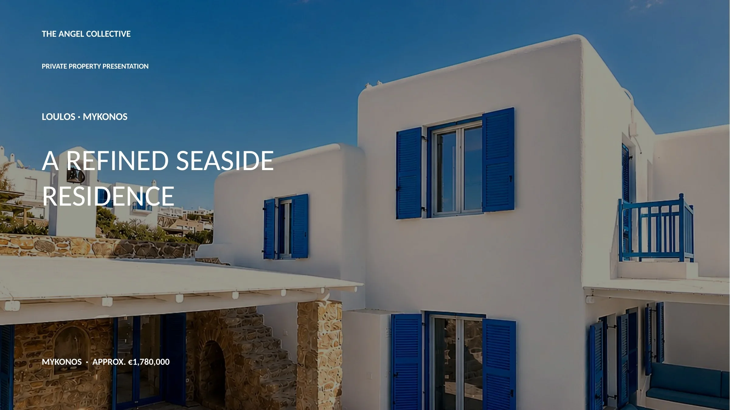 Refined seaside residence in Loulos, Mykonos, featuring whitewashed Cycladic architecture and blue shutters.