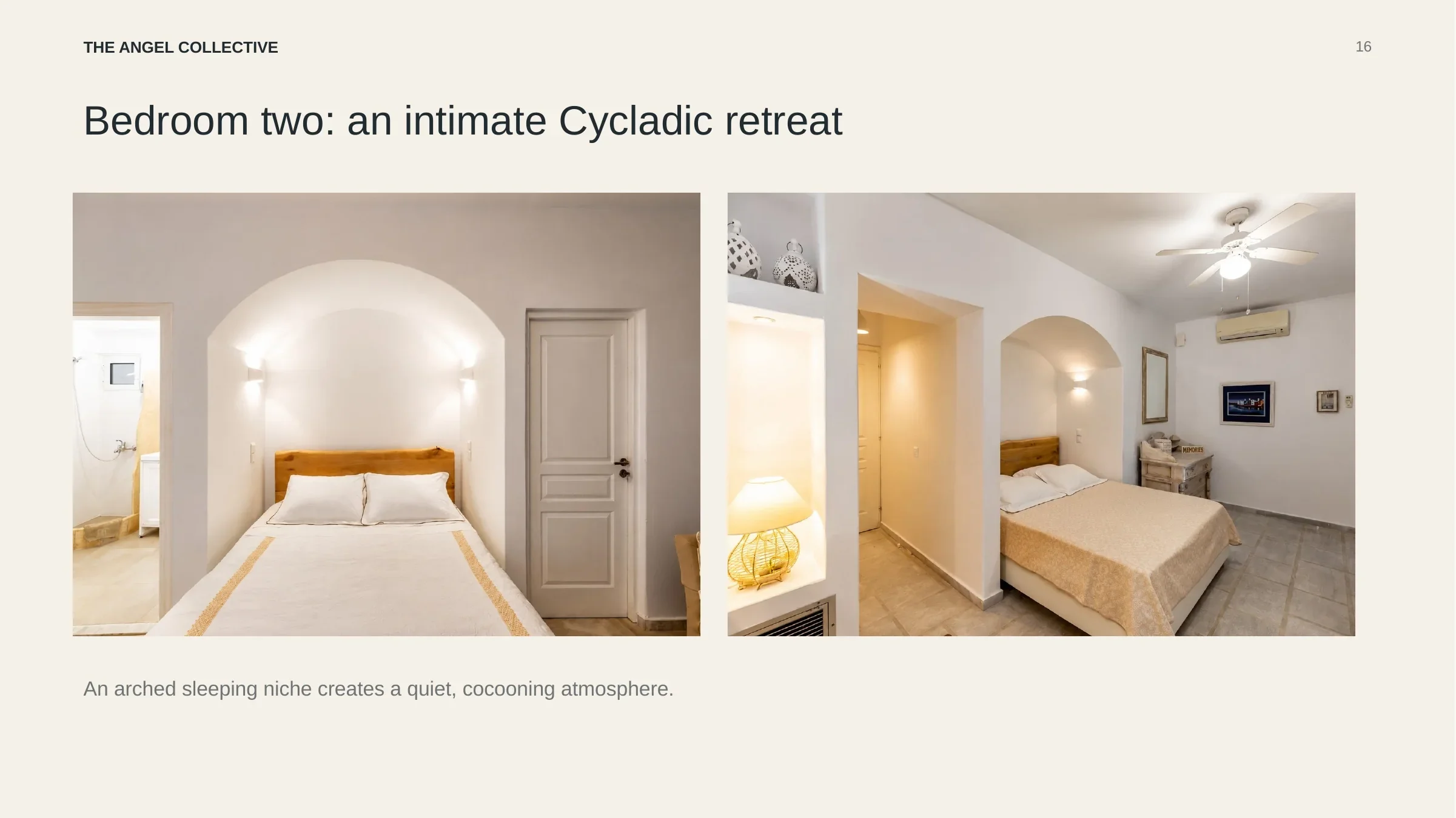 Intimate second bedroom featuring an arched Cycladic sleeping niche and warm neutral finishes.