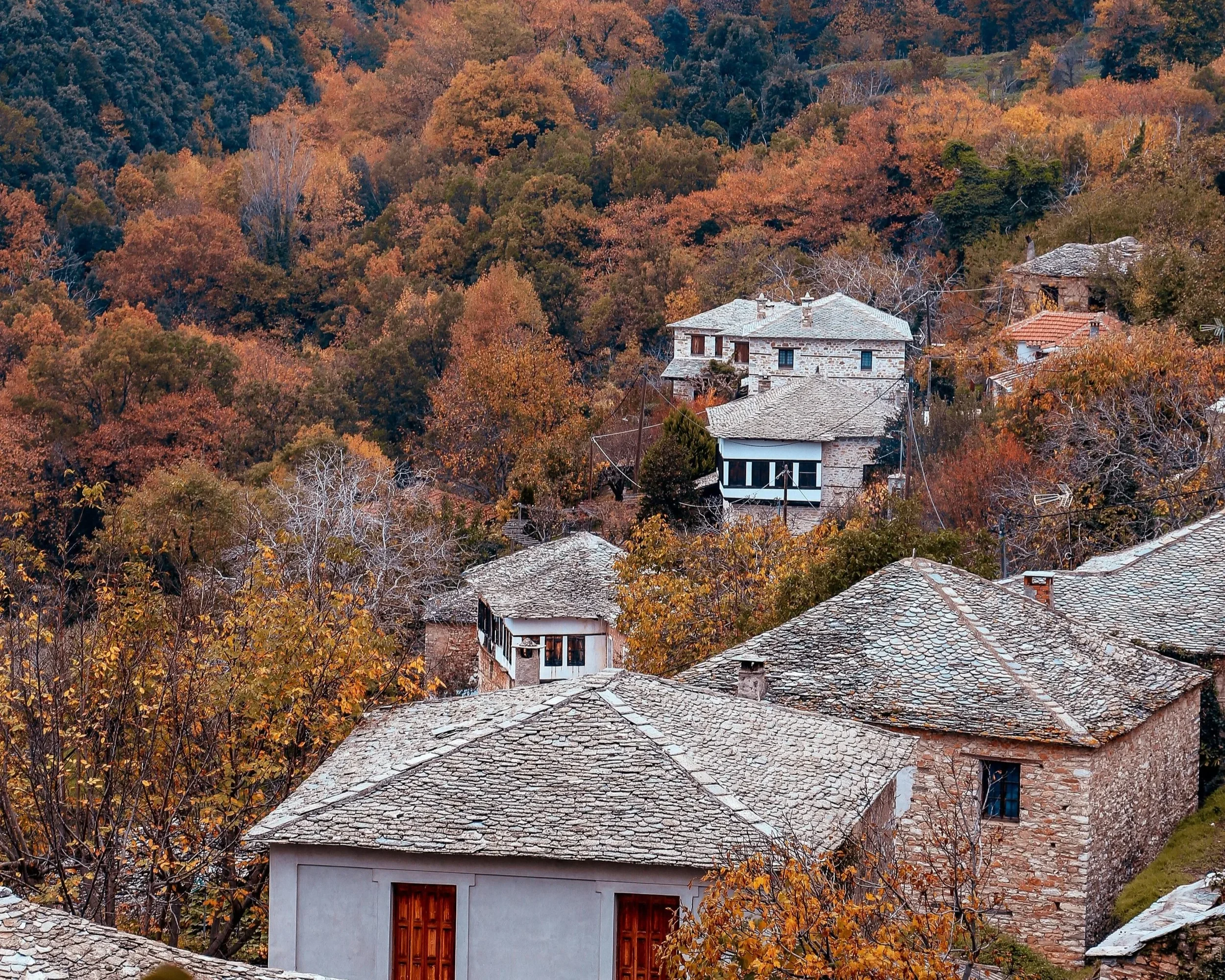 Houses with stone roofs nestled among autumn trees with orange, yellow, and green foliage, on a hillside.