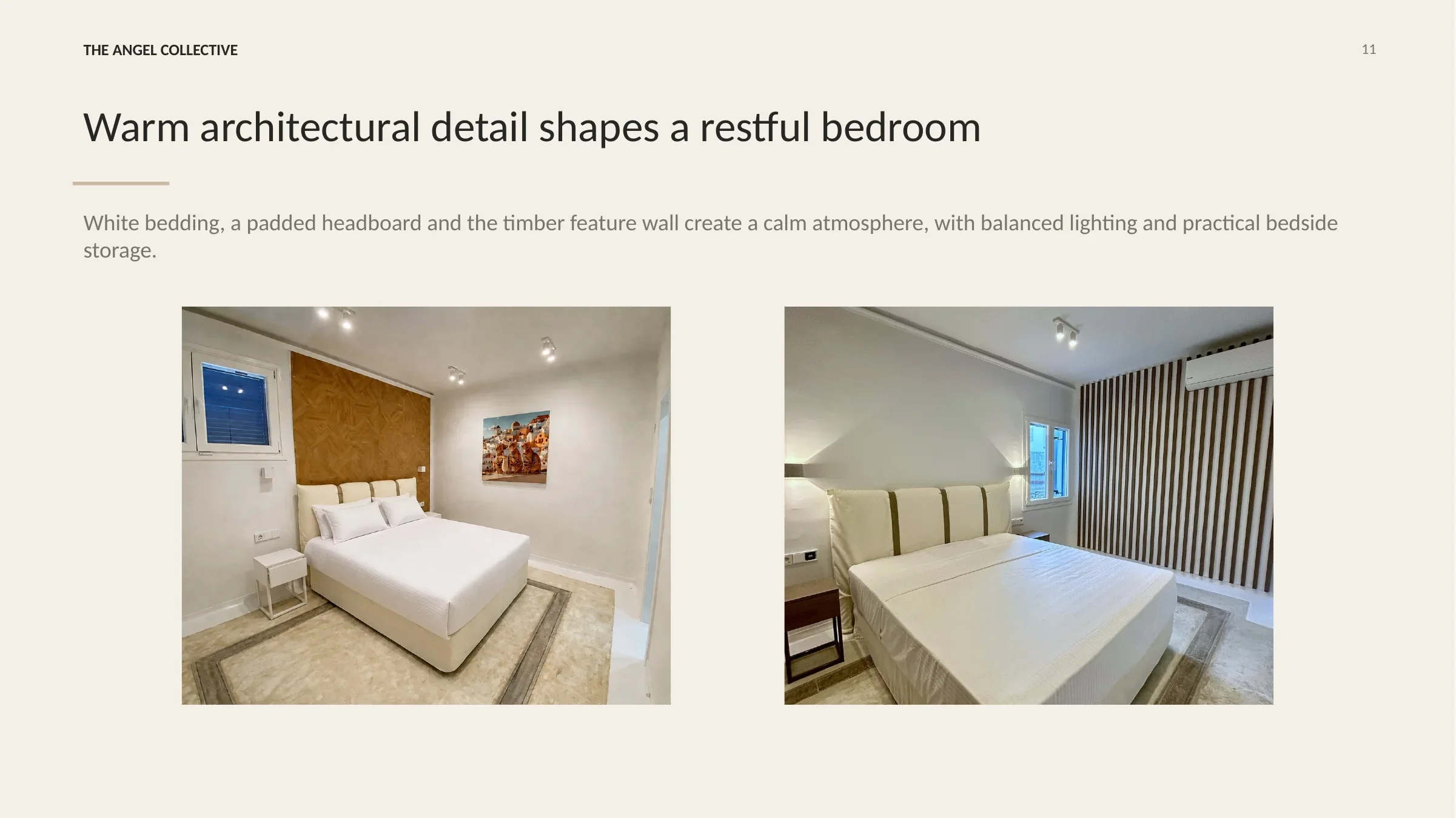 Restful double bedroom with a padded headboard, warm timber feature wall and integrated lighting.
