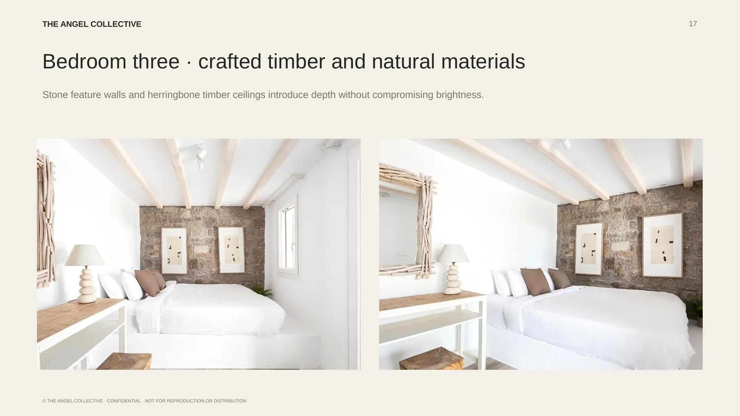 Bedroom three: Cycladic bedroom featuring natural stone walls, handcrafted timber details and white interiors.