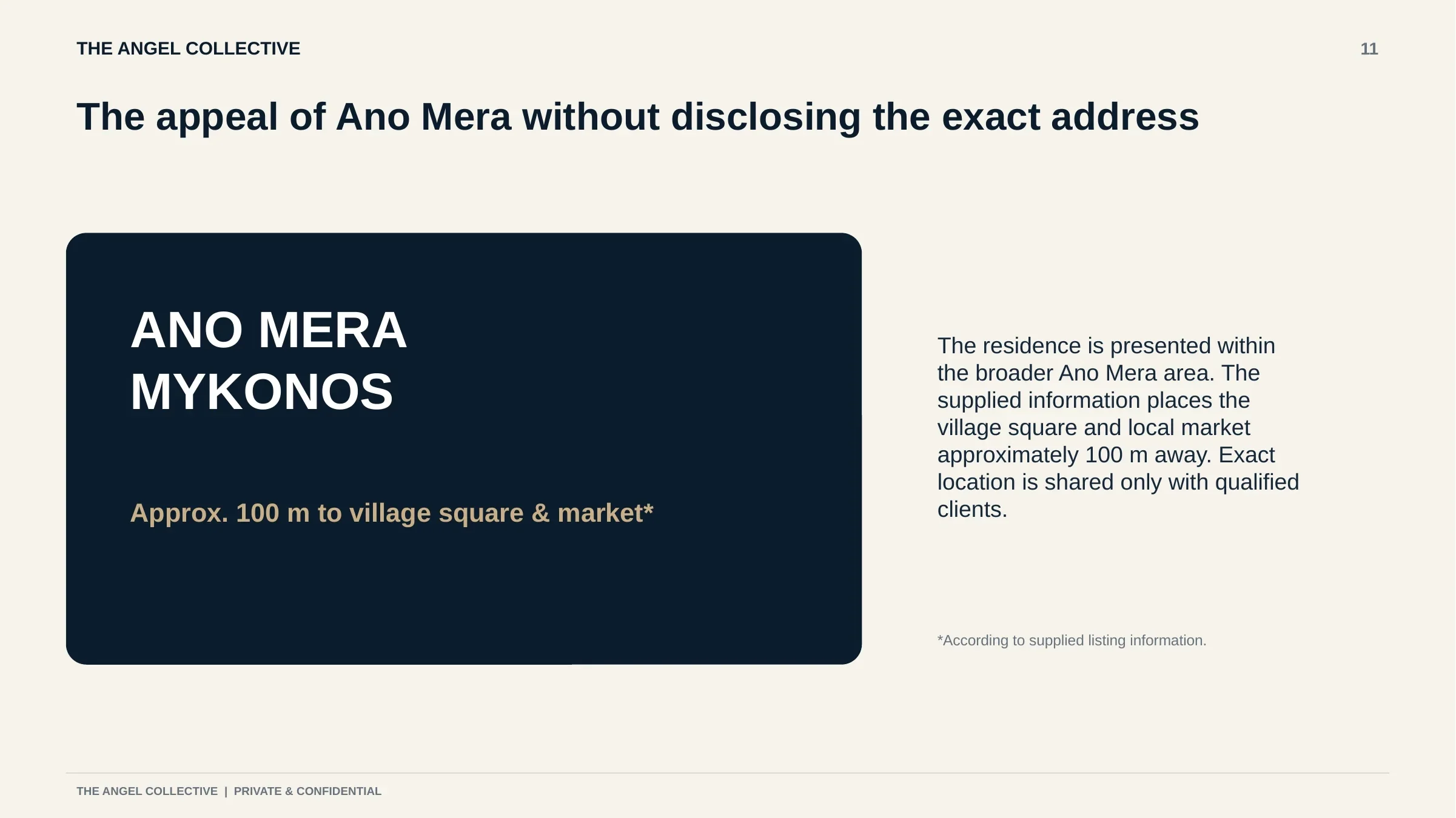 Ano Mera location overview highlighting proximity to the village square, market and everyday amenities.