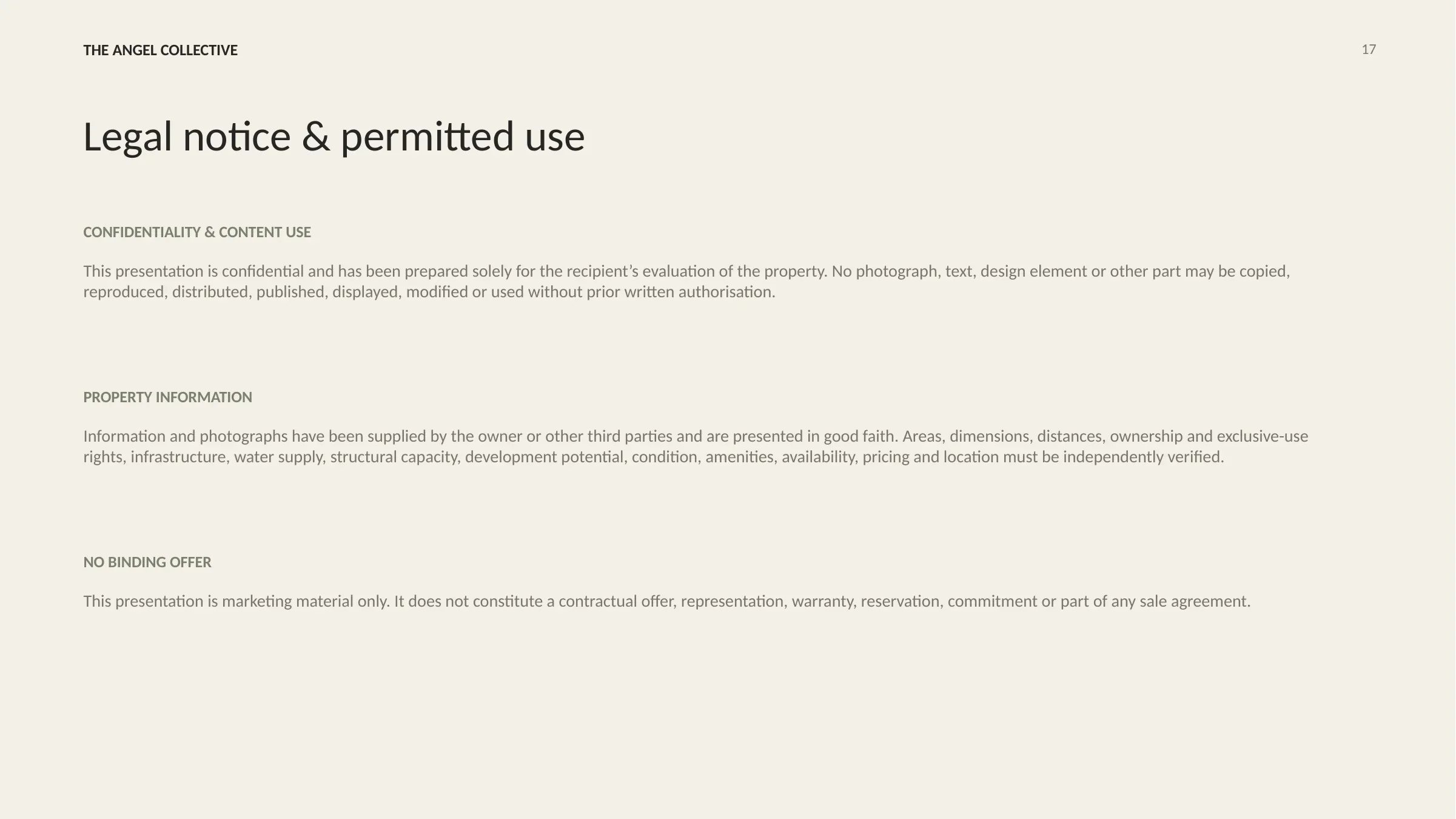 Confidentiality, property information and permitted-use notice for the Kalo Livadi villa presentation.