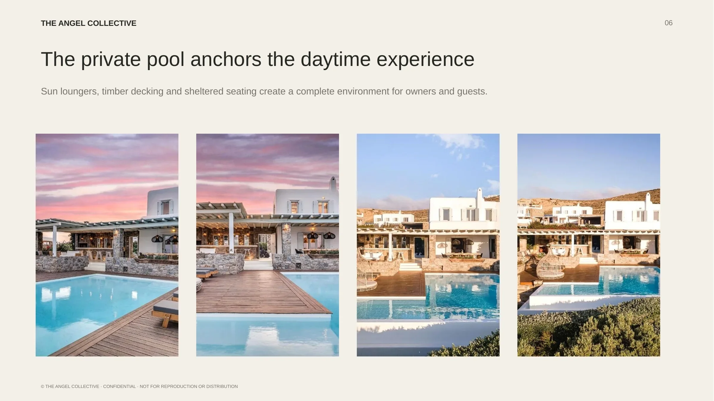 Daytime pool: Private swimming pool and sunbathing terraces surrounded by traditional Cycladic architecture.