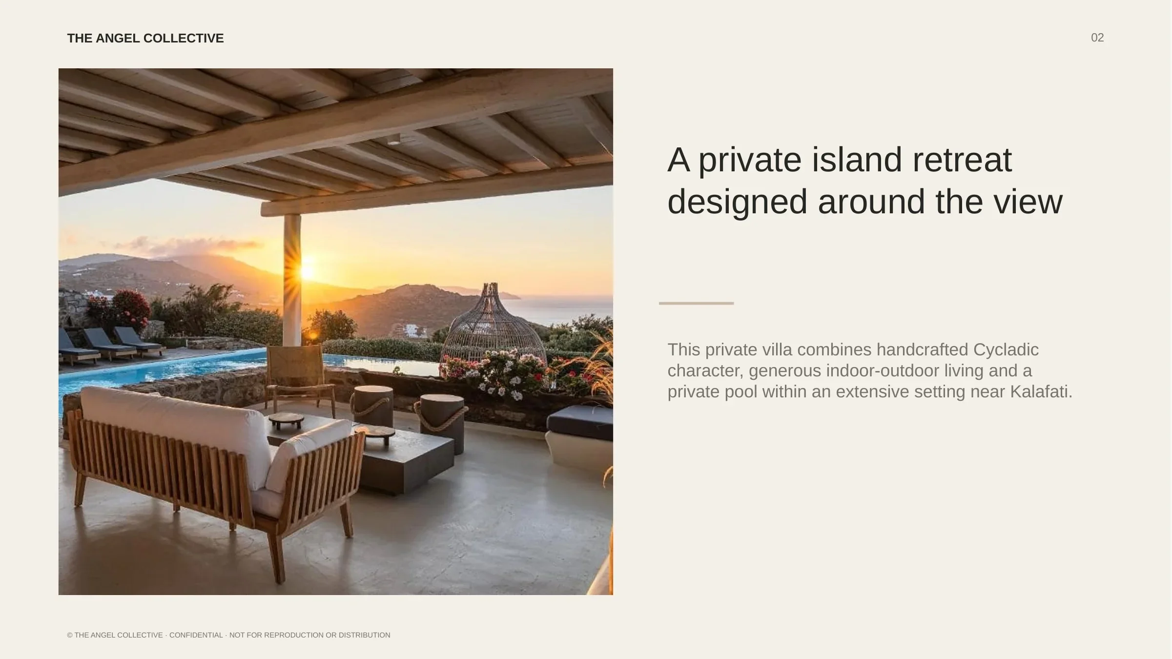 Sunset retreat: Sunset view from the covered terrace of El Sueno villa overlooking the pool and the Aegean Sea.