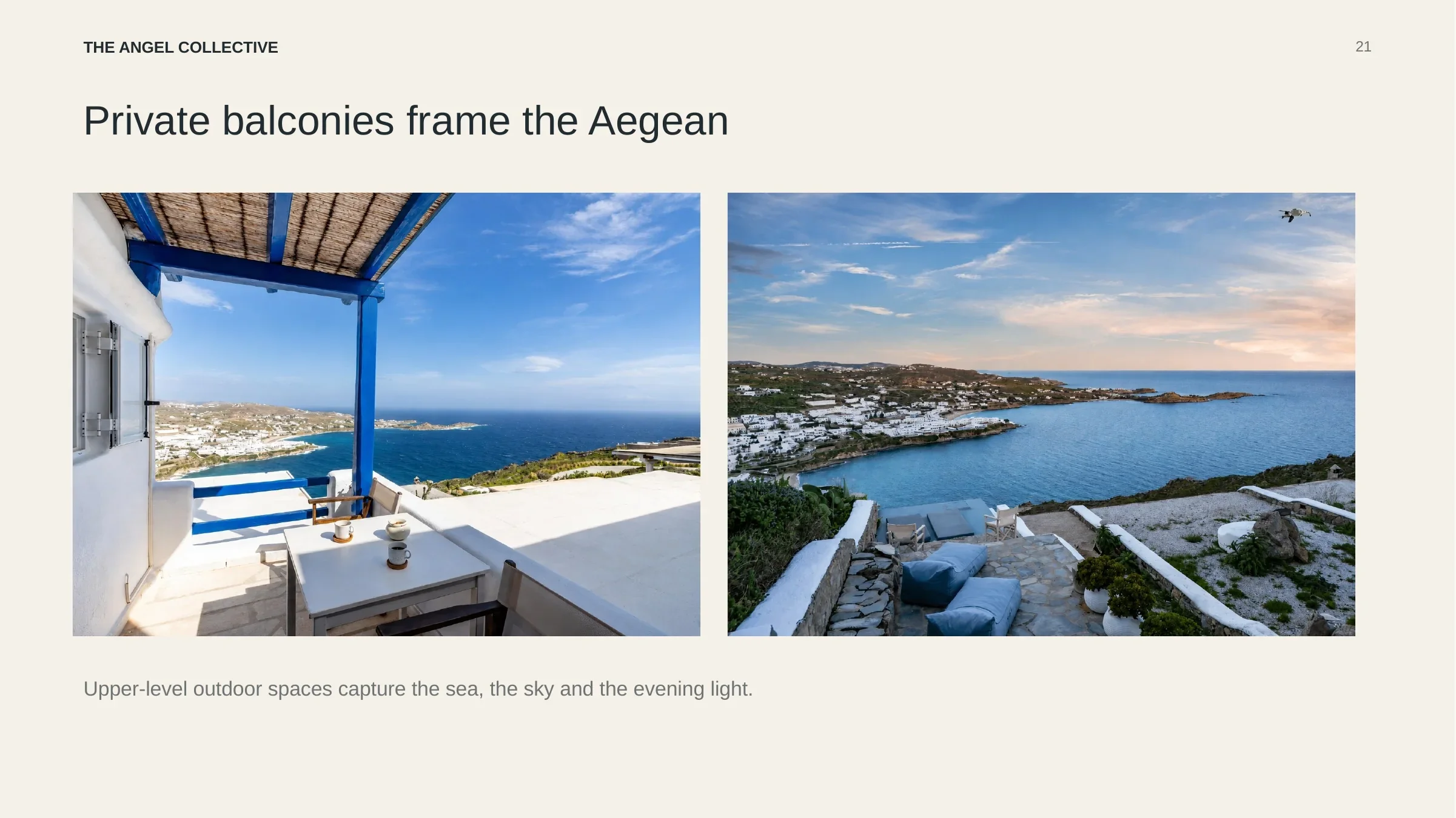 Upper-level private balconies framing panoramic views of the Aegean Sea and Psarou Bay.