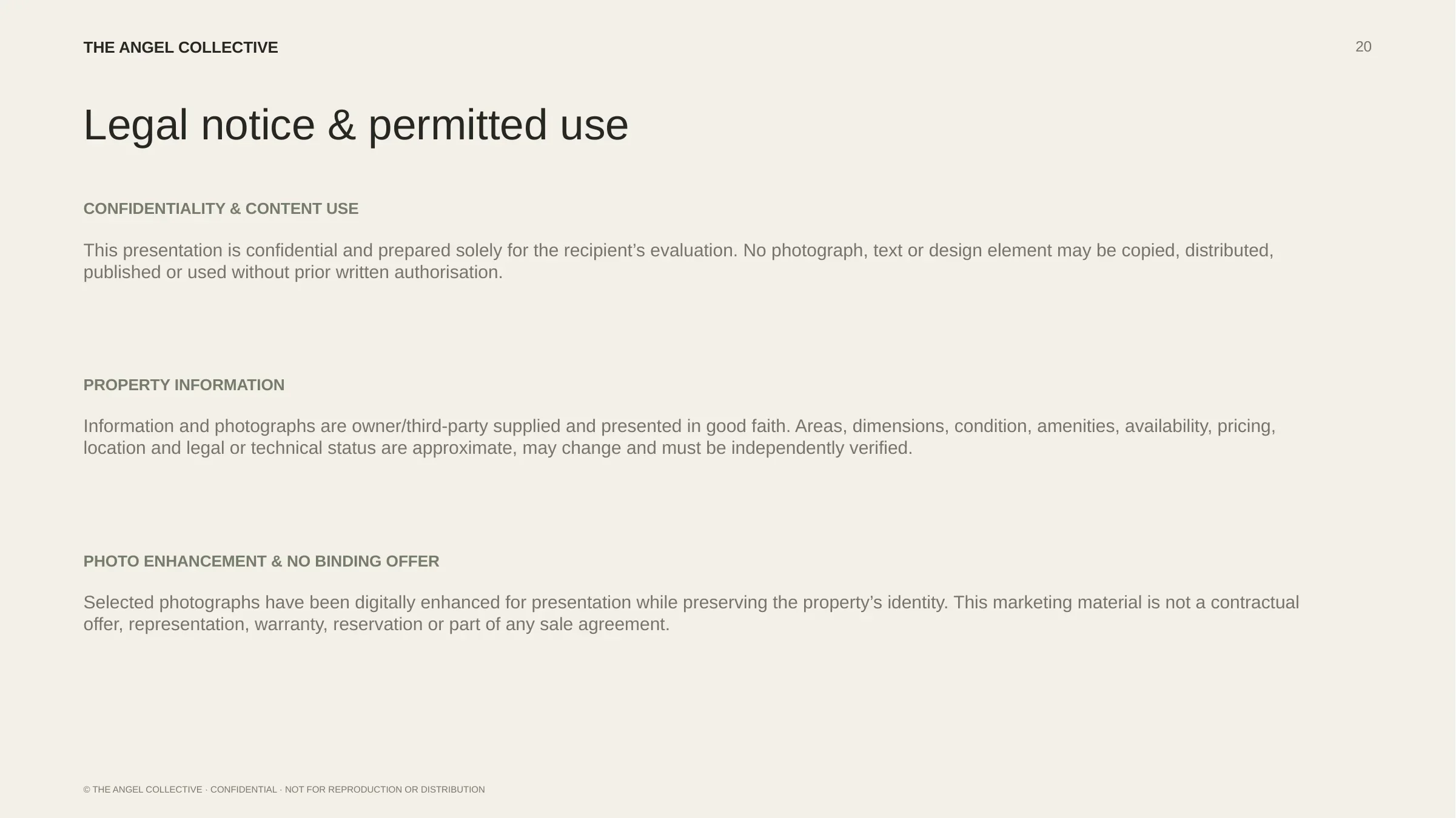 Confidentiality, property information and permitted-use notice for the Kalafati residence presentation.