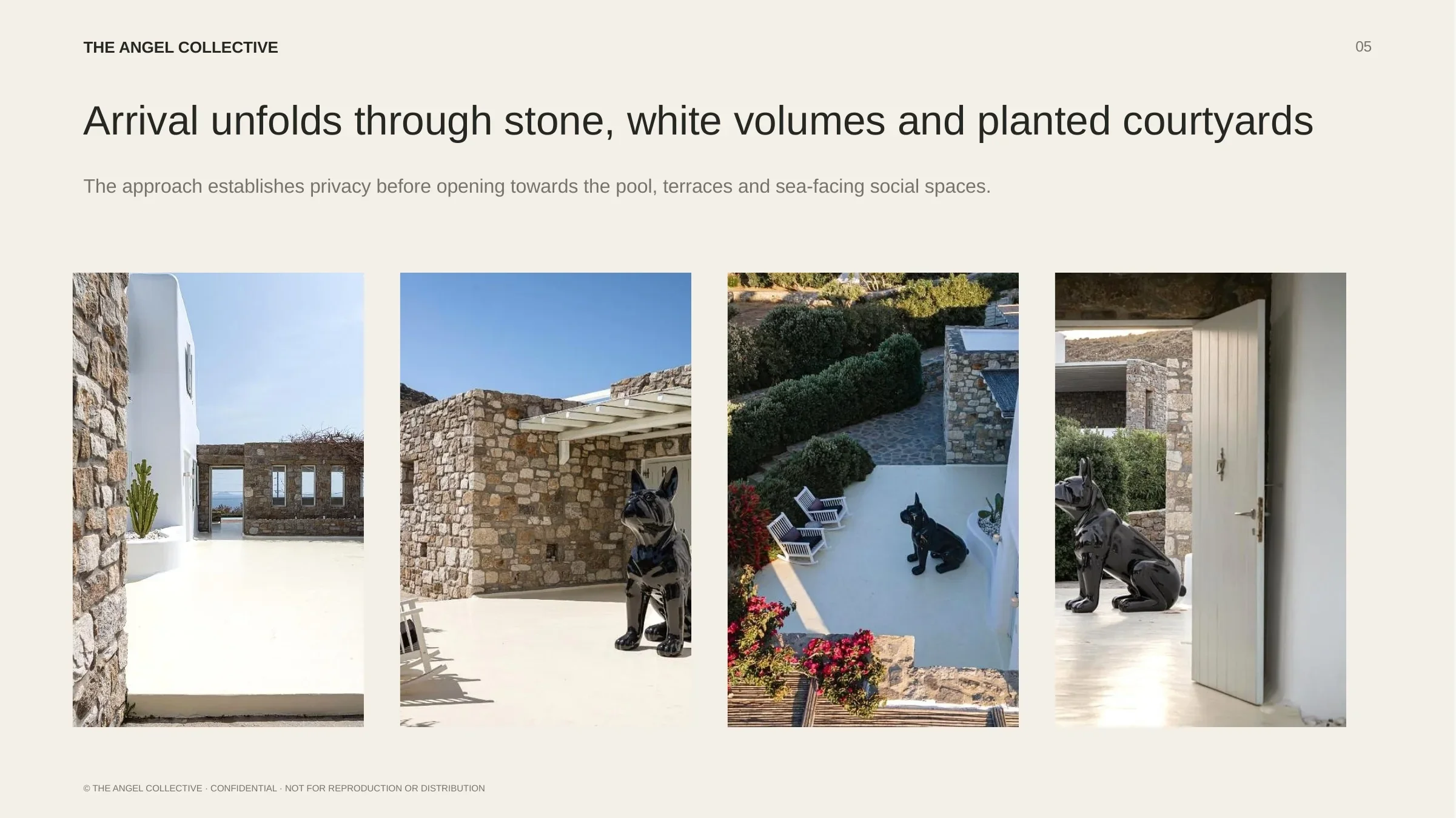 Entrance: Stone entrance, whitewashed architecture and planted courtyards leading into the private Mykonos villa.