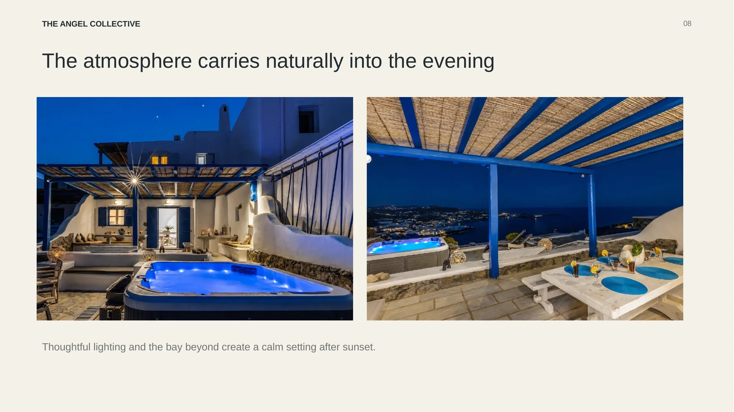 Atmospheric illuminated Jacuzzi terrace with covered seating and views across the bay after sunset.