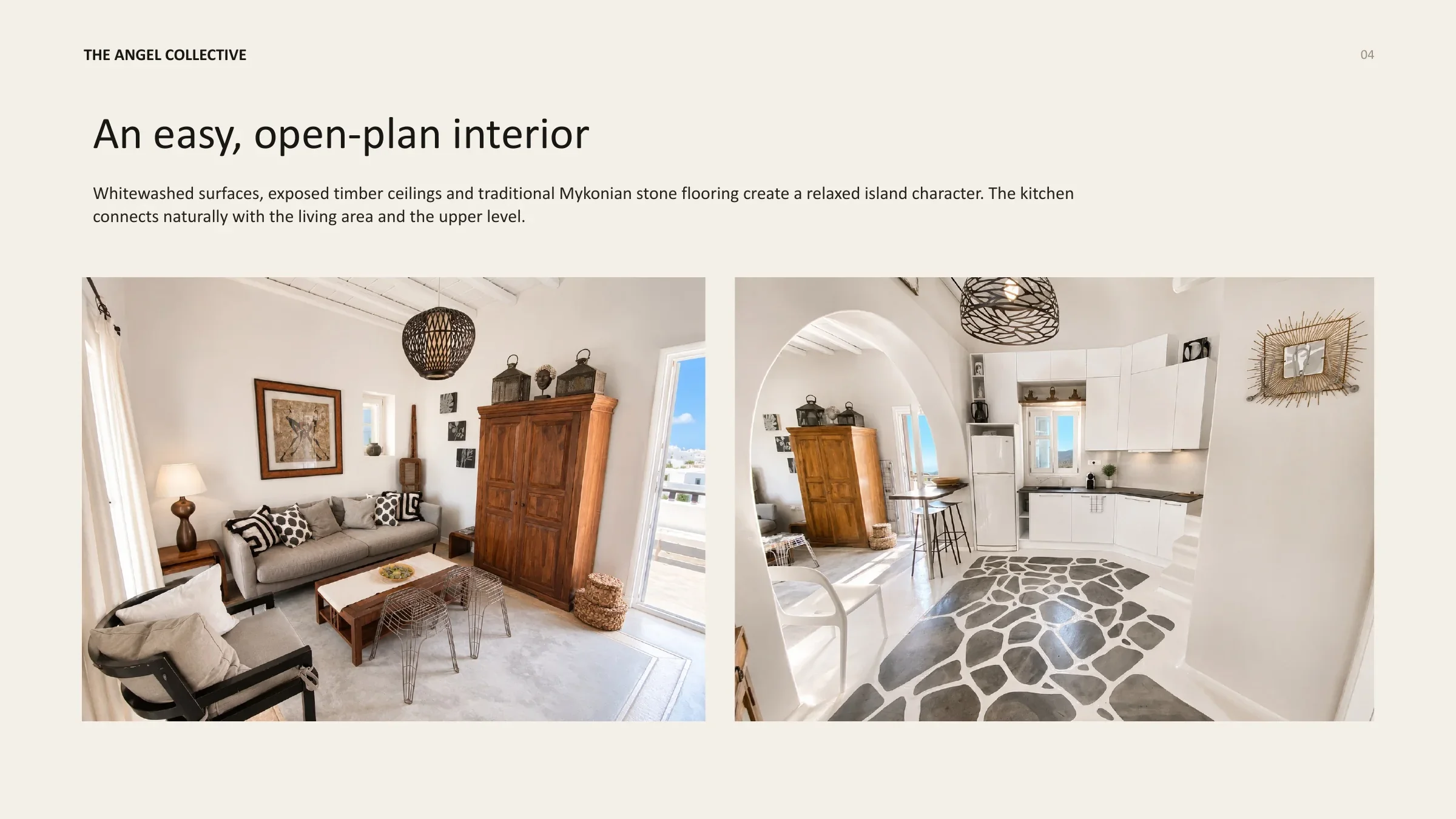 Open-plan living room and kitchen with whitewashed surfaces, timber ceilings and traditional stone flooring.
