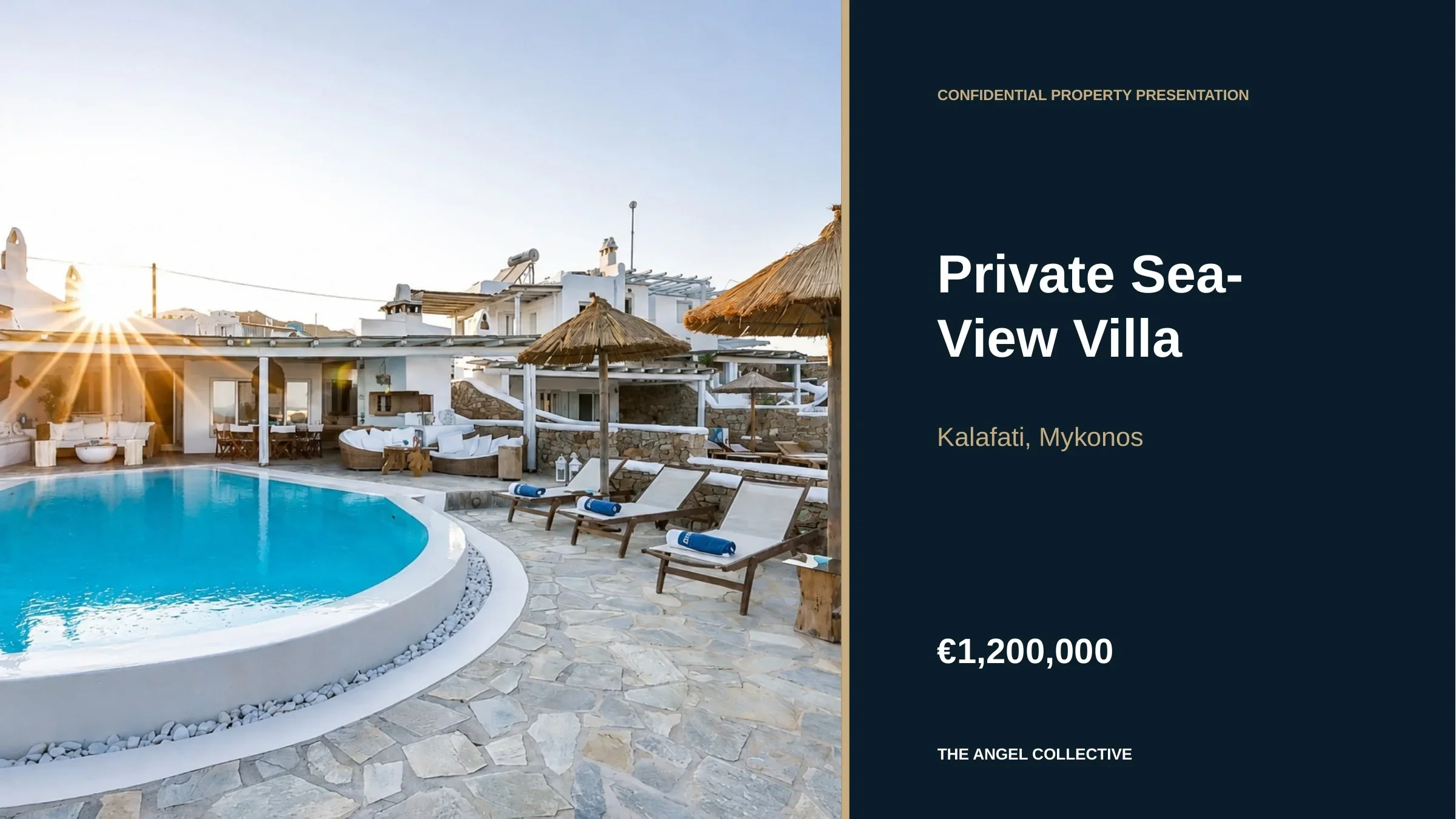 Private five-bedroom sea-view villa in Kalafati, Mykonos, with a curved swimming pool, spacious terraces and Cycladic architecture.