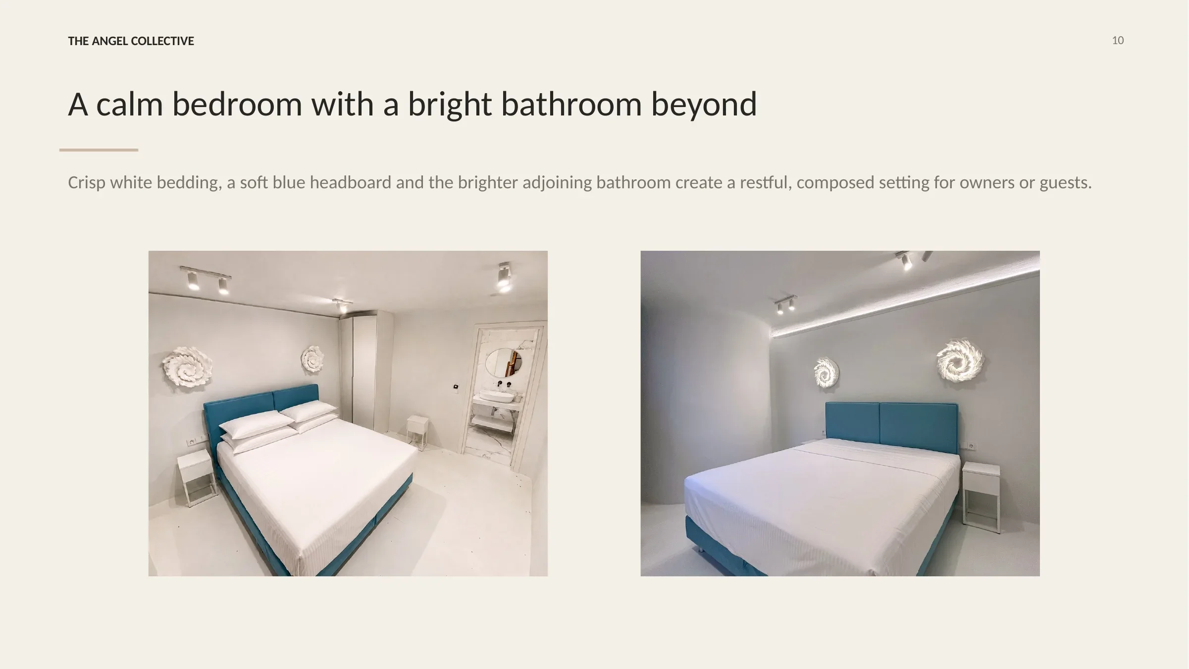 Bright double bedroom with crisp white bedding, a blue headboard and an adjoining contemporary bathroom.