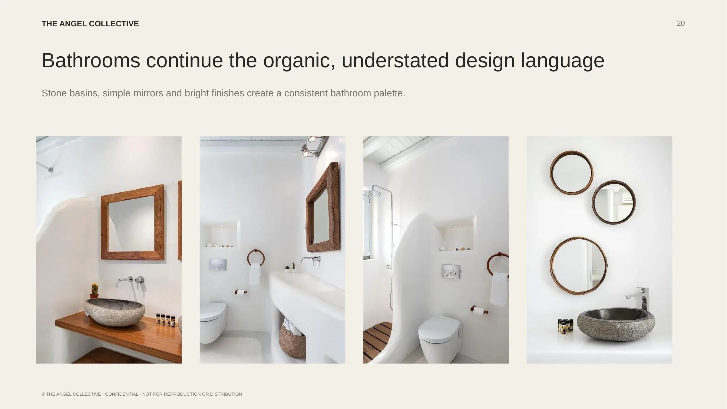 Bathrooms: White Cycladic bathrooms with handcrafted stone basins, organic shapes and minimalist mirrors.