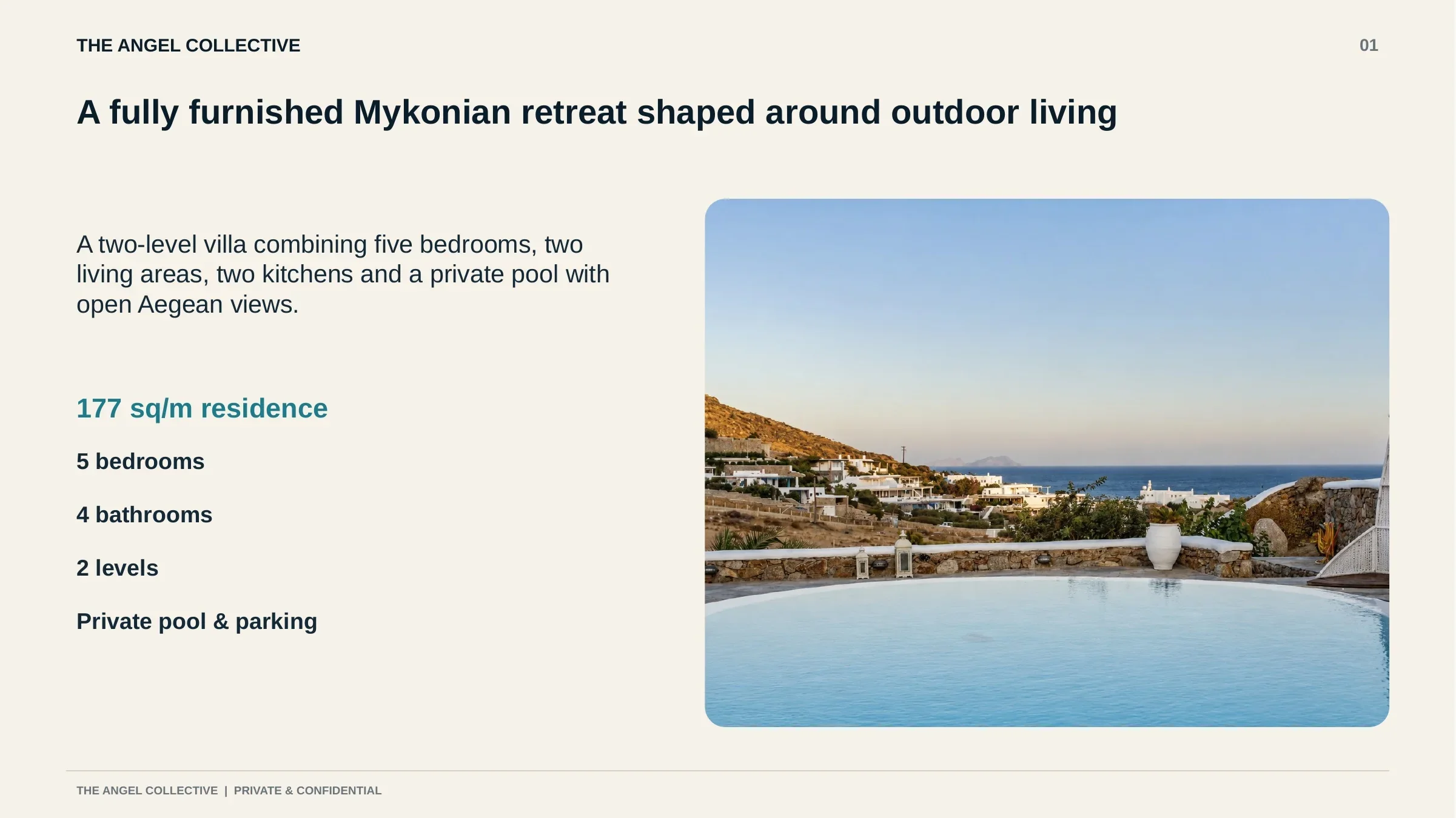 Property overview
Furnished two-level villa in Kalafati featuring five bedrooms, four bathrooms, two living areas, two kitchens, private parking and an Aegean-facing pool.