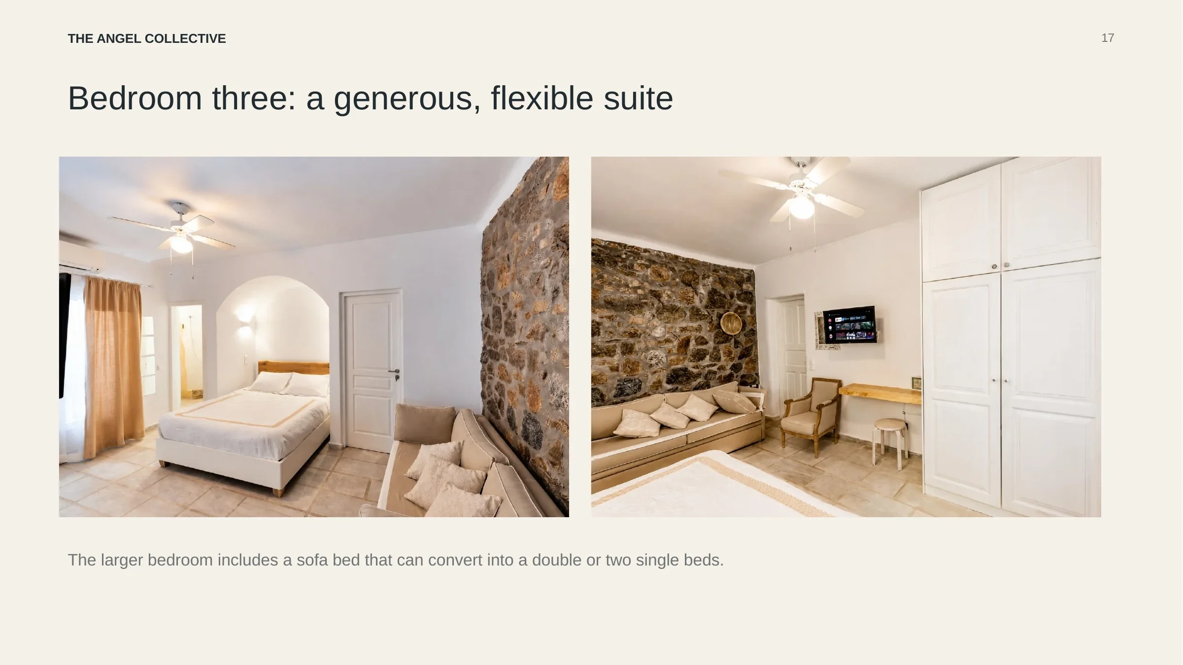 Generous third bedroom suite with a stone feature wall and a flexible sofa bed.