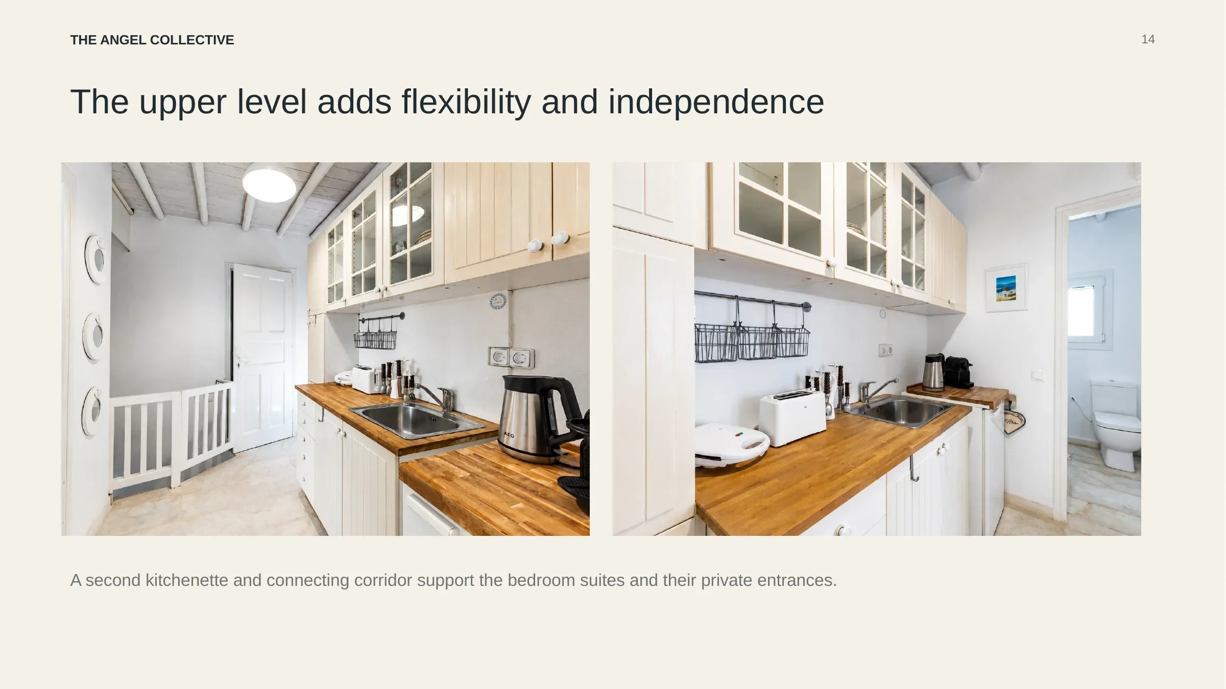 Upper-level kitchenette and corridor providing flexibility and independence for the bedroom suites.
