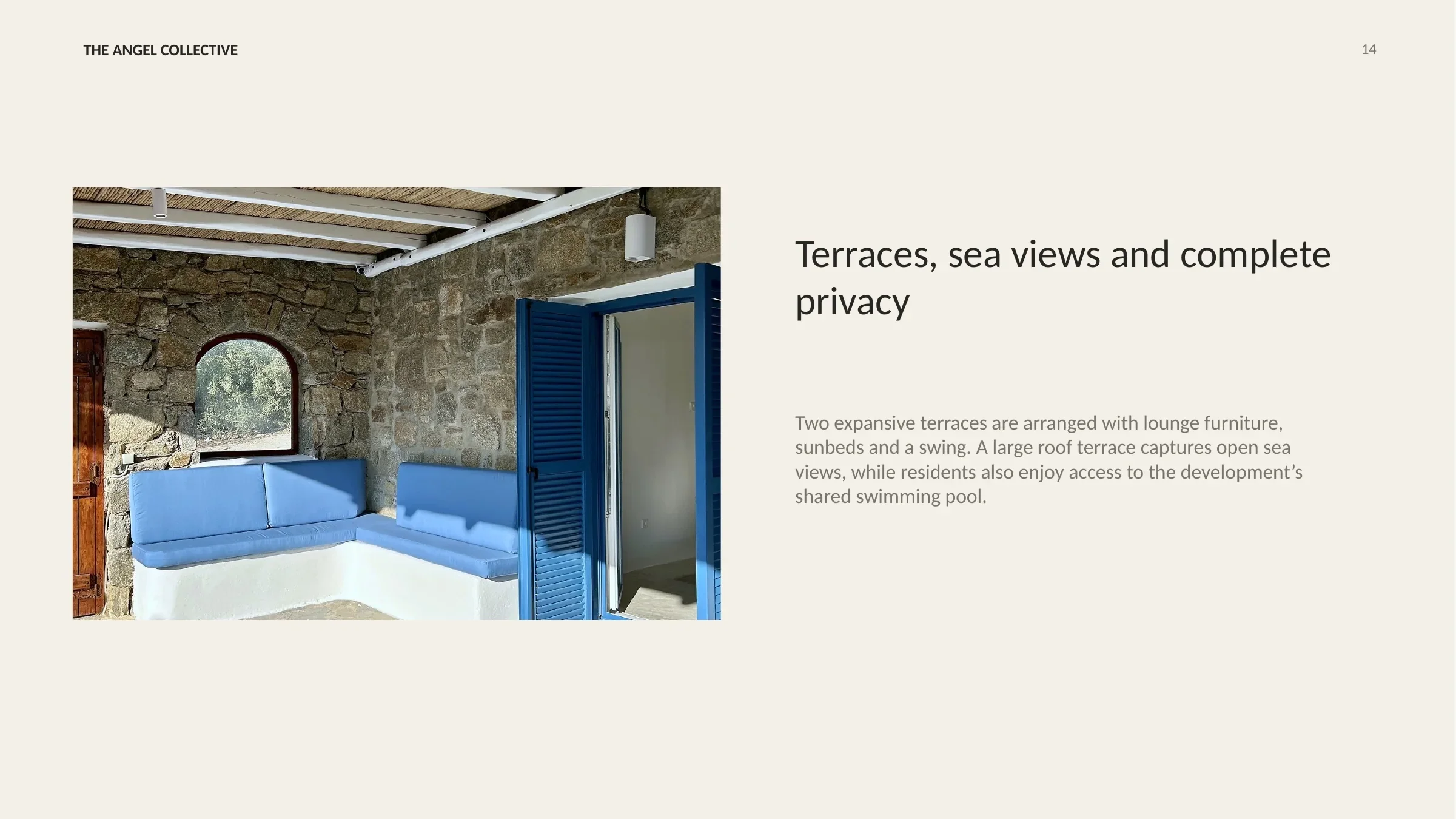 Private stone terrace with built-in lounge seating and open views toward the Aegean Sea.