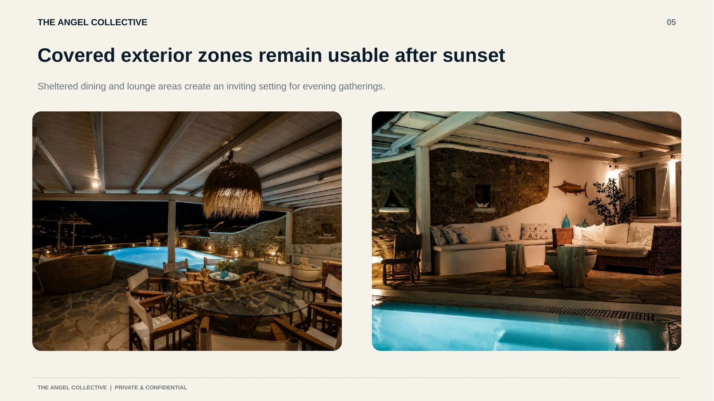 Evening entertaining
Covered outdoor dining and lounge areas beside the illuminated pool, designed for relaxed evening entertaining in Mykonos.