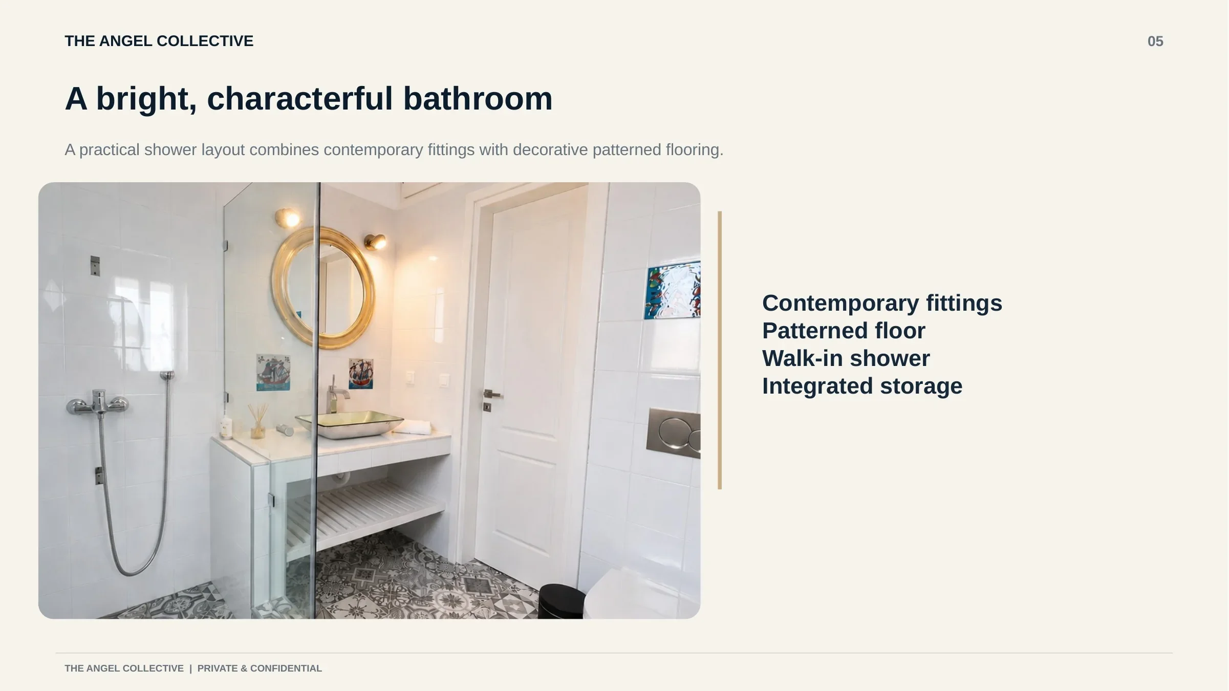Bright contemporary bathroom with a walk-in shower, integrated storage and decorative patterned flooring.