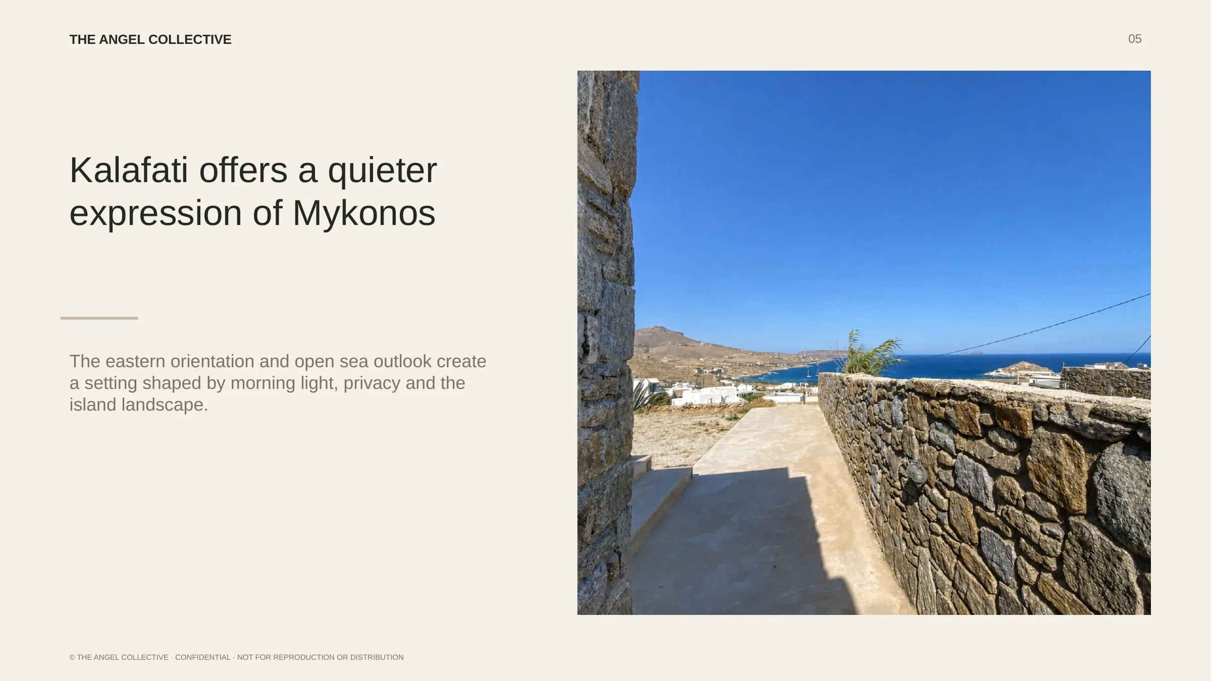 Eastern sea outlook and quiet island landscape surrounding a private residence in Kalafati, Mykonos.