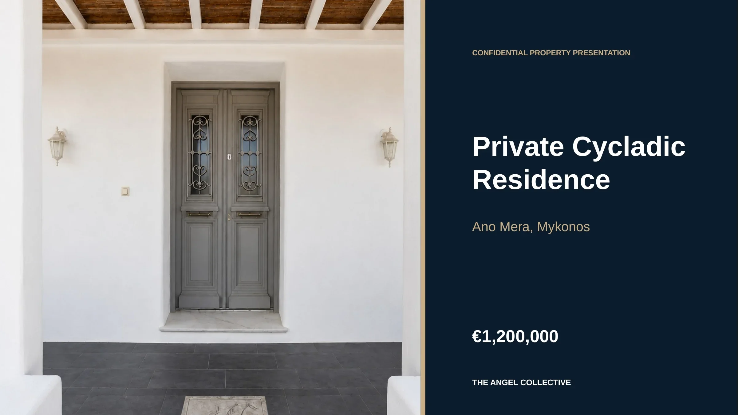 Private Cycladic residence in Ano Mera, Mykonos, with whitewashed architecture and a traditional entrance.