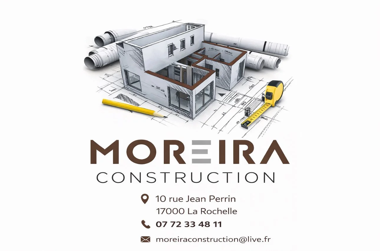 Logo d'une entreprise de construction avec une maquette 3D d'une maison en construction, plans architecturaux, règle, stylo et rouleaux de plans. Texte indiquant l'adresse, le numéro de téléphone et l'email de la société Moreira Construction à La Rochelle.
