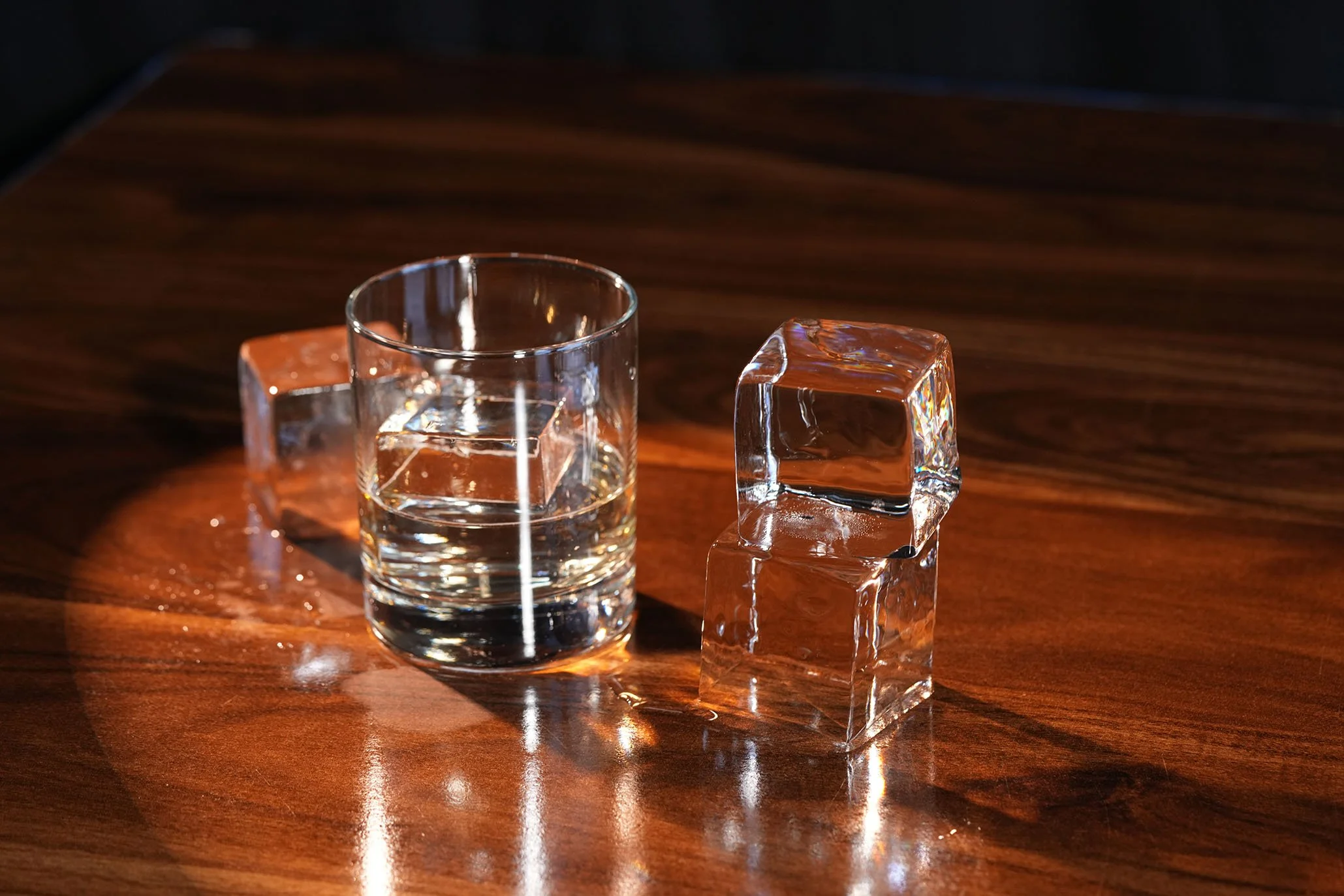 Crystal-clear 2-inch ice cubes crafted for premium service and presentation