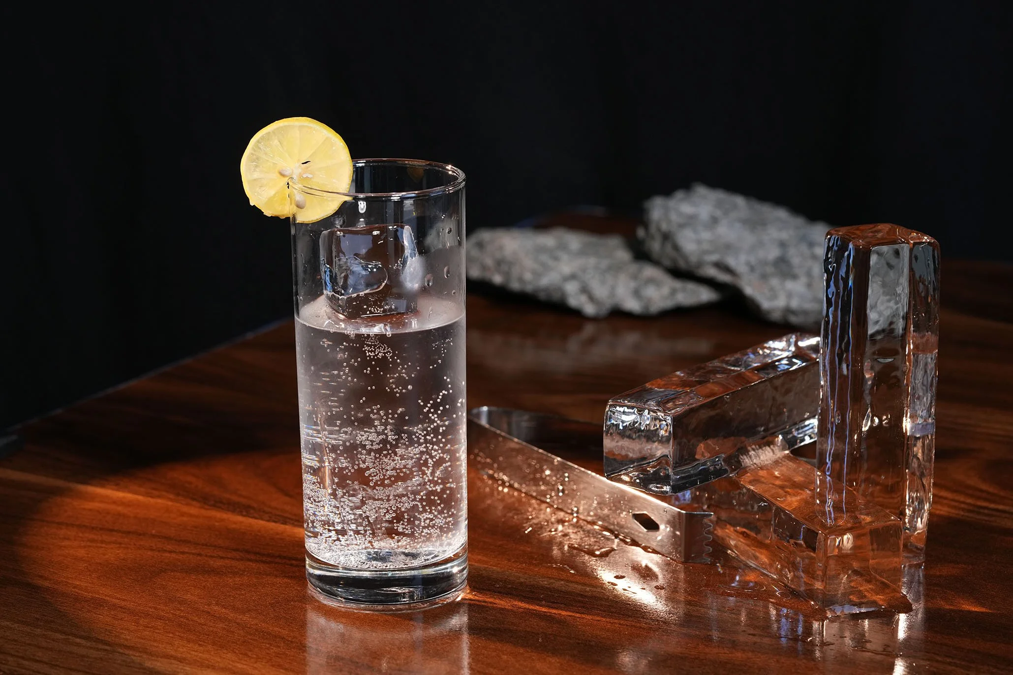 Clear ice Collins spears designed for refined tall-glass presentation