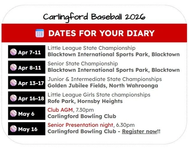 This April get out and support our club reps at the state championships. ➡️ swipe to see who is taking part ⚾️

Mark your diary for our AGM and seniors presentation in May.