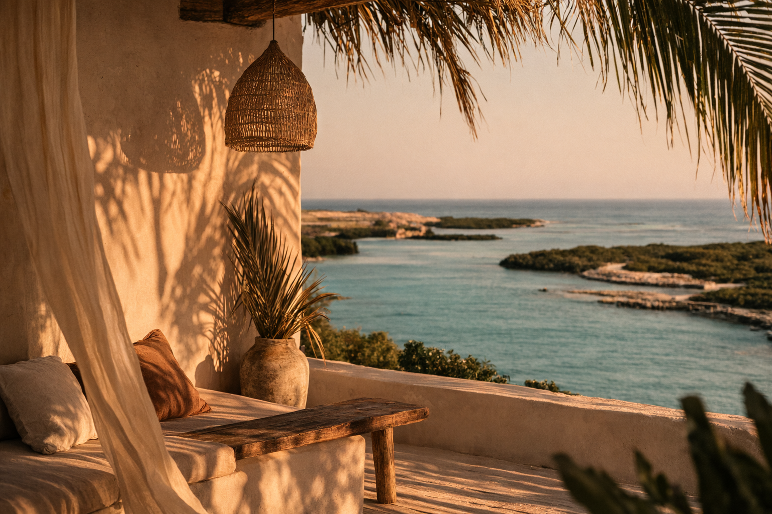 A cozy outdoor seating area with cushions and a wooden table on a terrace overlooking the ocean at sunset, with a basket pendant light, a potted plant, and tropical palm leaves.