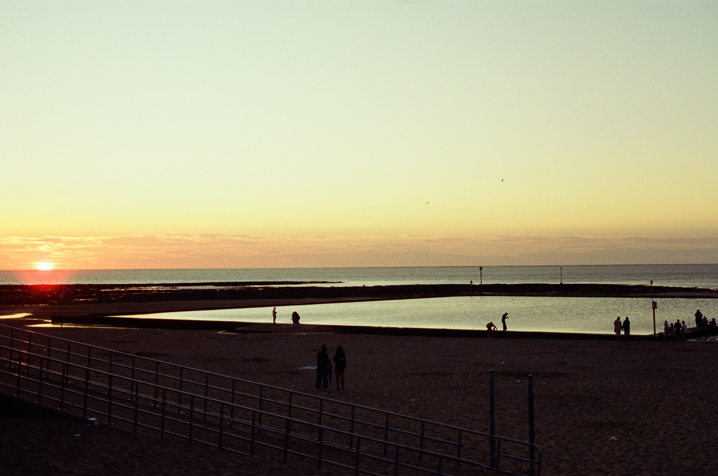 Sunset over the ocean with people walking and gathering on the beach and near the water, some birds flying in the sky.