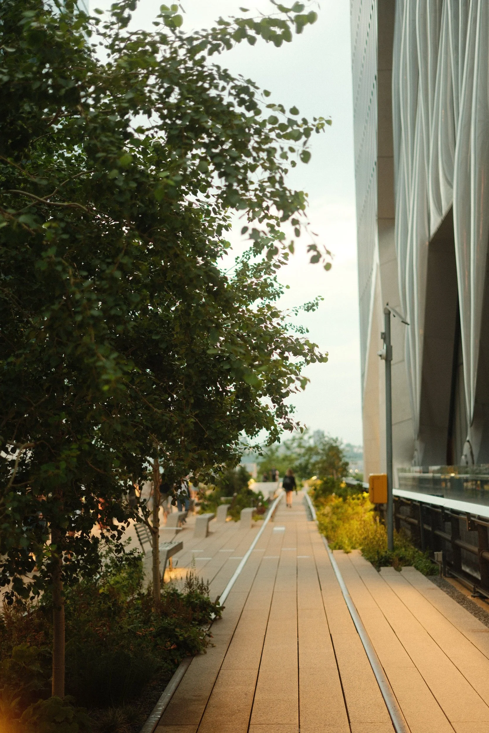 A sidewalk with train tracks embedded, flanked by trees on the left and a building with metal siding on the right. Some people are walking in the distance during daylight.
