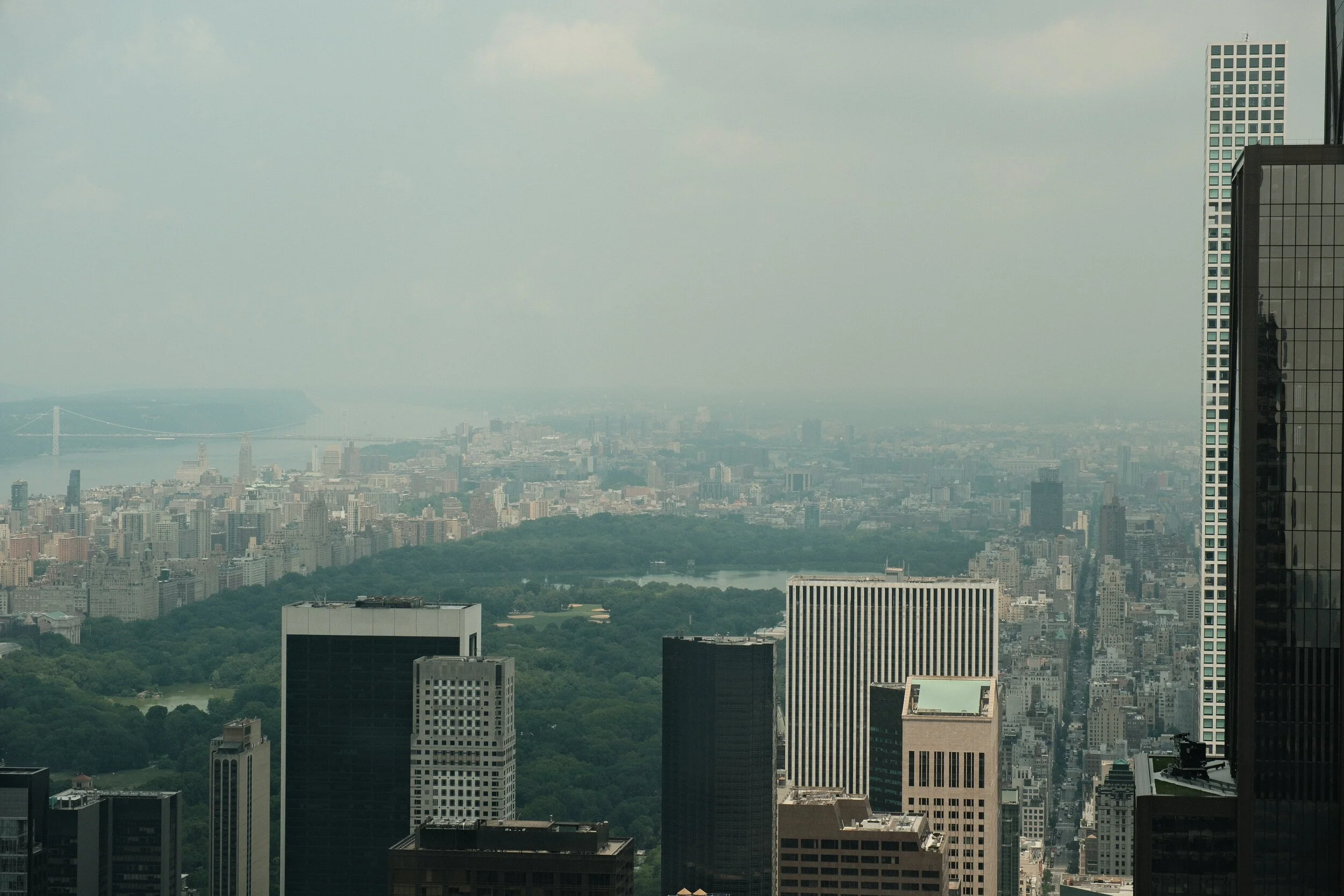 A cityscape featuring multiple high-rise buildings, a large park with trees in the foreground, and a body of water with a bridge in the distance under an overcast sky.