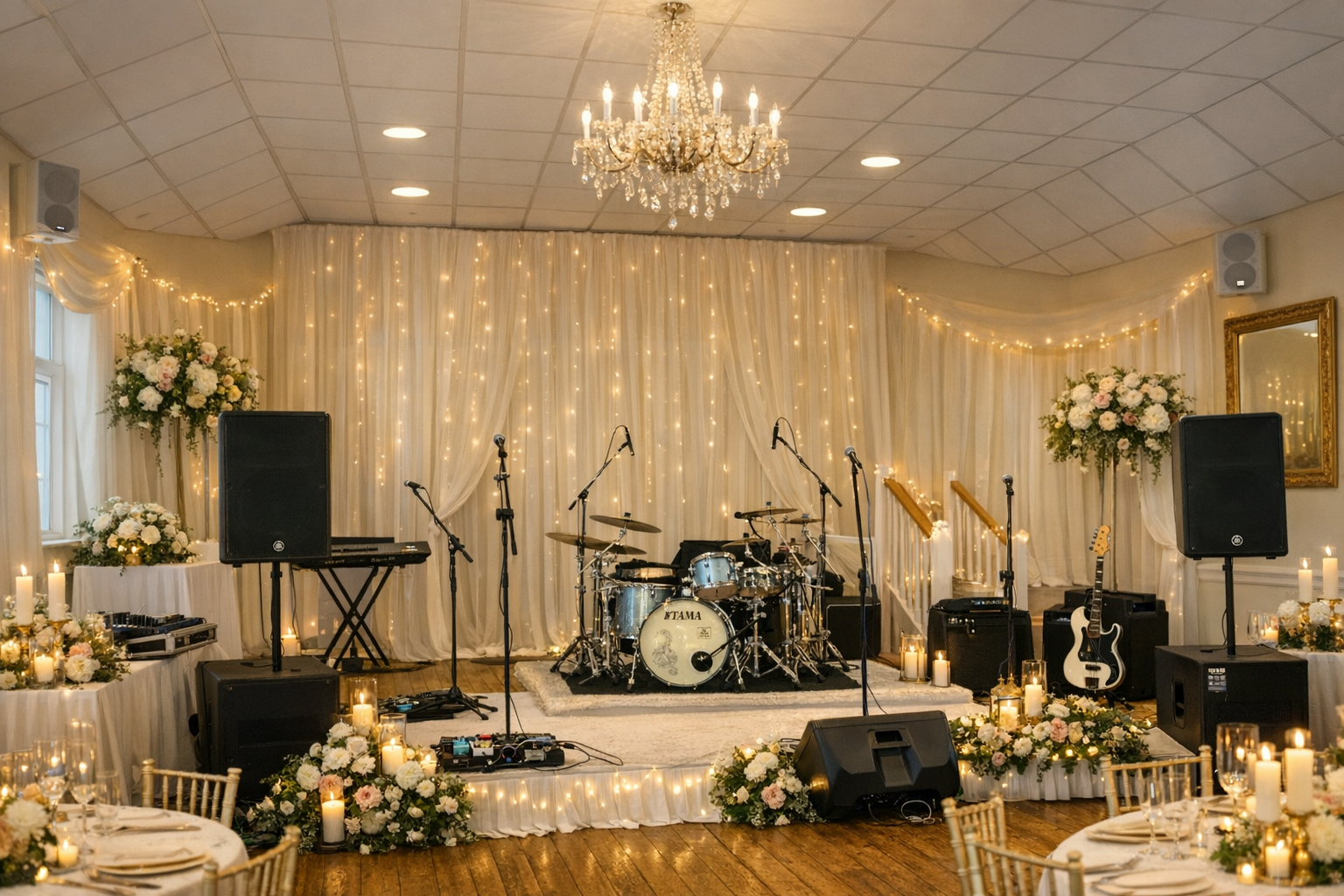 Indoor wedding reception stage with musical instruments, floral arrangements, candles, and warm lighting.