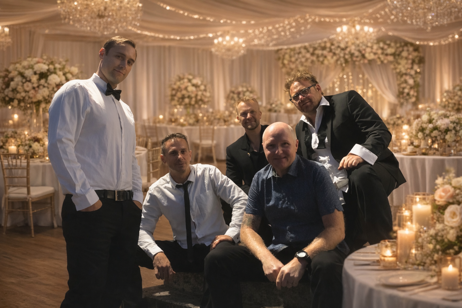5 Man Down in formal attire posing at a decorated wedding reception with floral arrangements and candles.