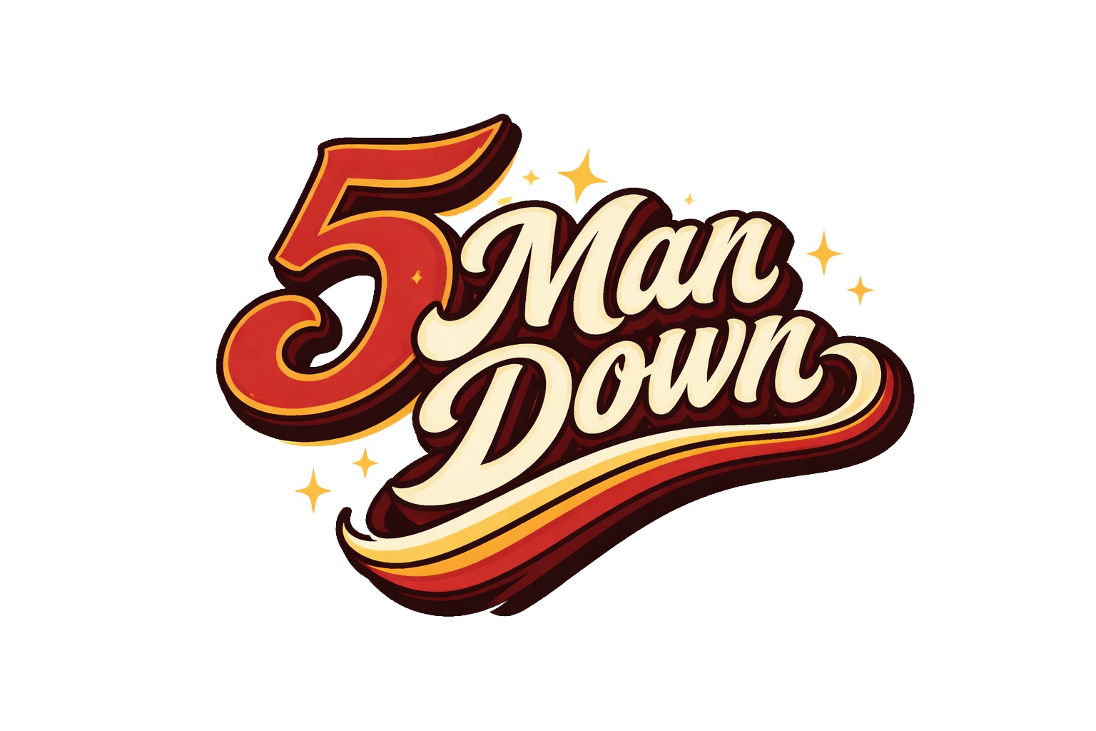Celebratory graphic with bold text reading '5 Mar Down' in red and cream colors, adorned with small stars and swooping lines.