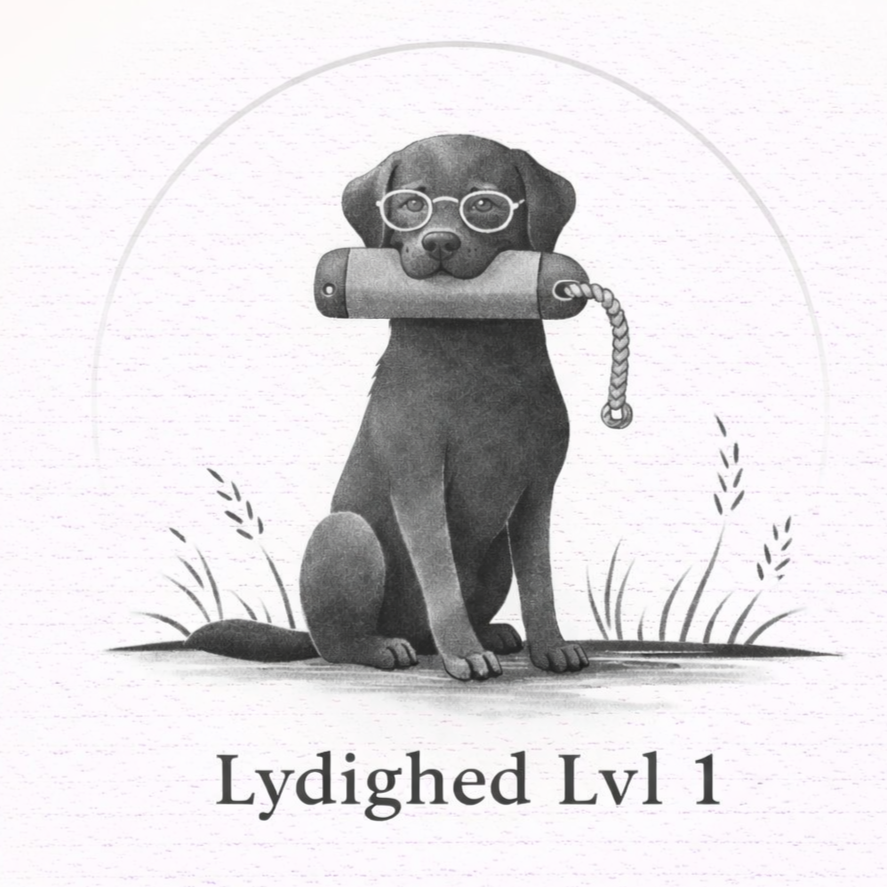 Illustration af en hund med briller, der holder en træningsdummy i munden, siddende på græs med planter omkring, tekst 'Lydighed Lvl 1' under.