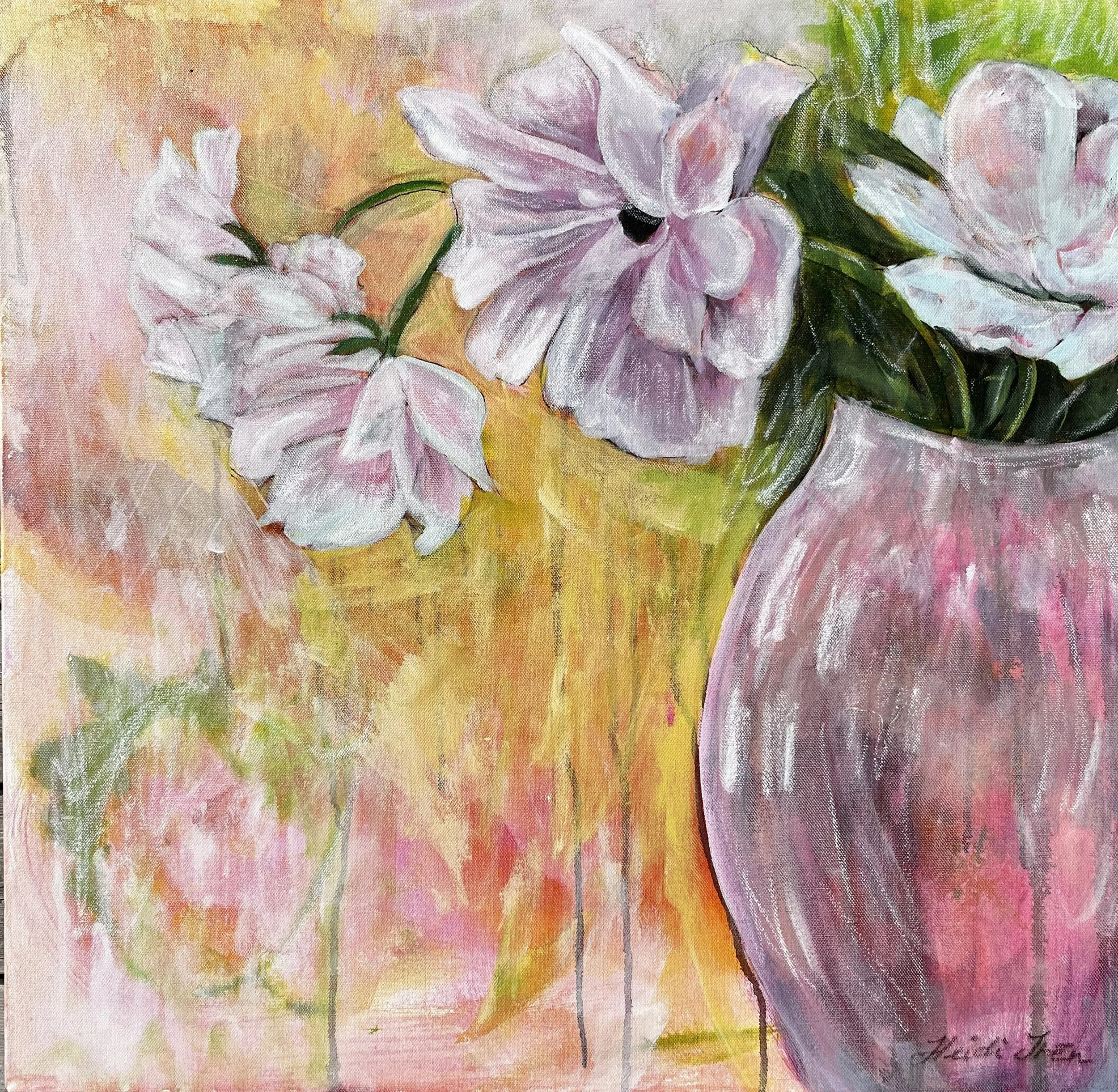 Blomster i rosa Vase - 70x70cm Lerret - Mixed Media med Olje - NOK 7 500