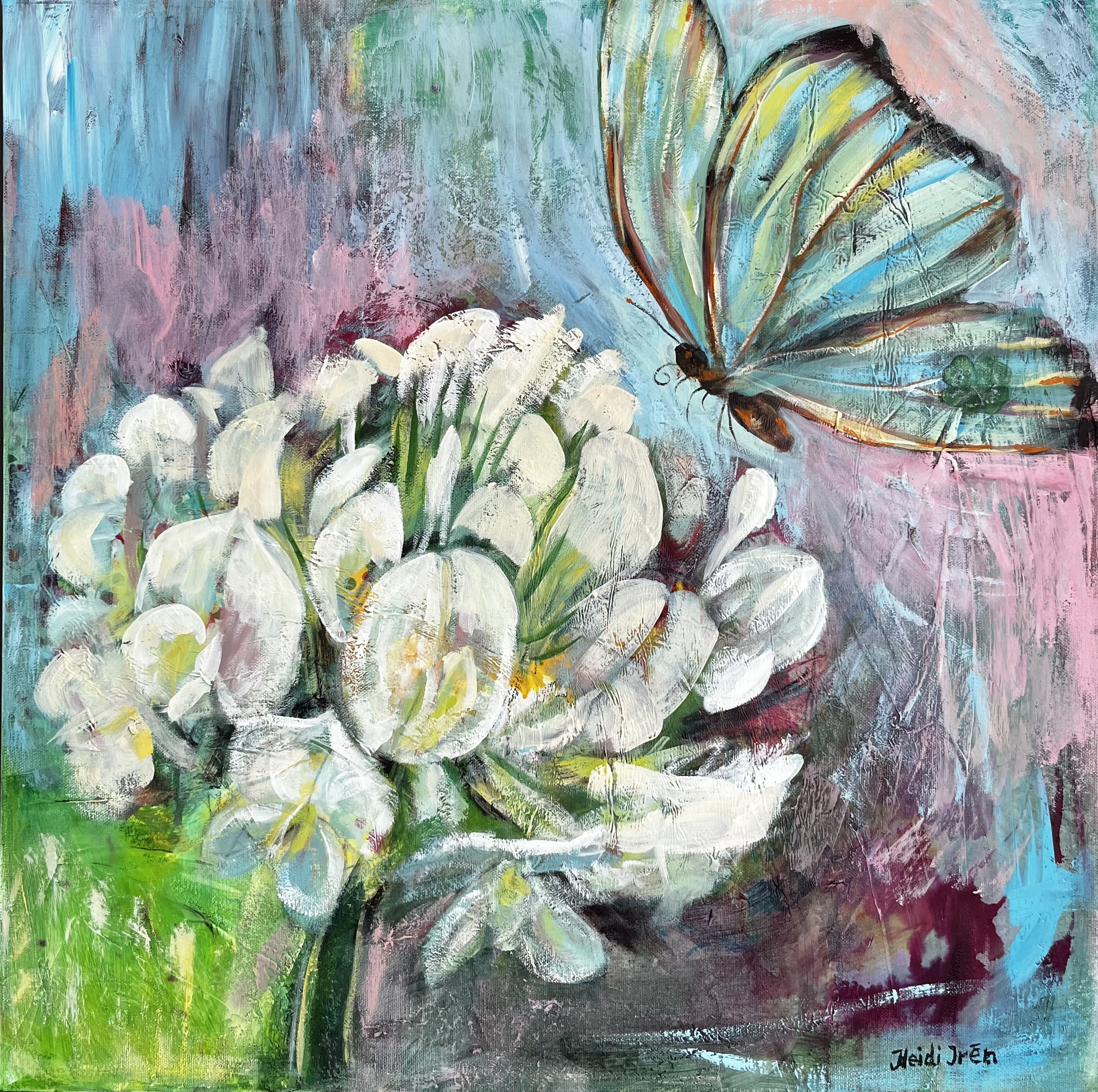 Abstract painting of a butterfly on white flowers with a colorful background, signed "Heidi Jren".