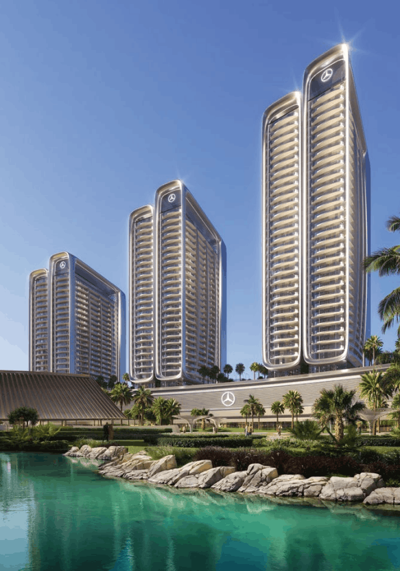 Three futuristic skyscrapers with Mercedes-Benz logos in a sunny location, with a pond, rocks, and palm trees in the foreground.