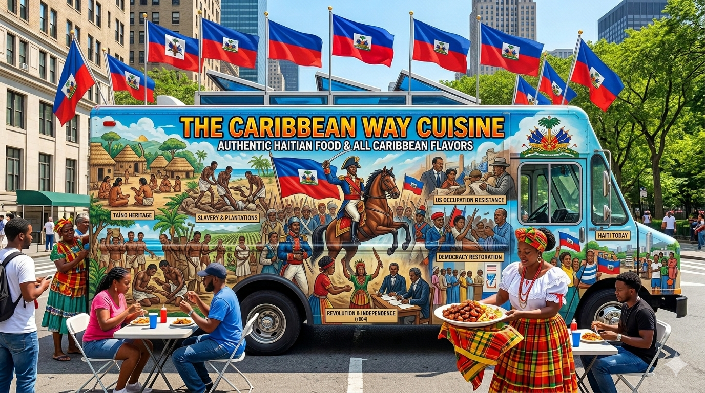 A vibrant food truck decorated with illustrations celebrating Haitian heritage and history, with Haiti flags on top, serving Haitian cuisine to customers in an urban setting with tall buildings and trees.