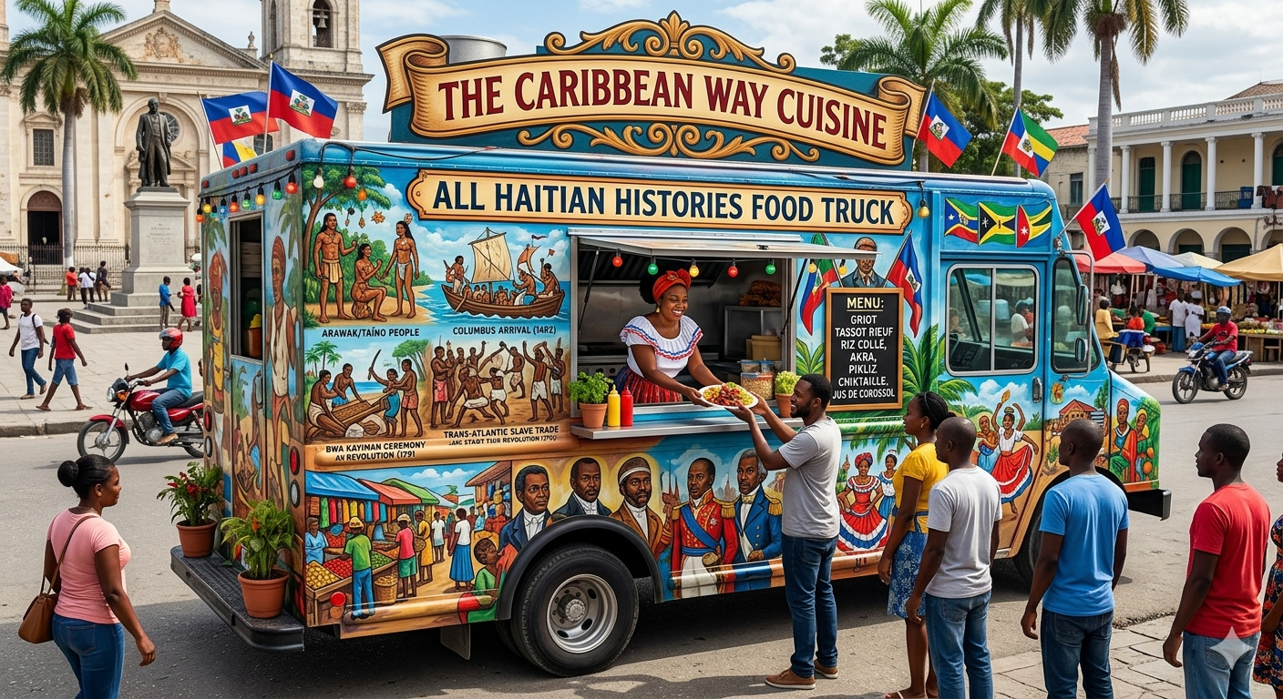 A colorful Haitian food truck decorated with traditional Caribbean art and flags, serving food to customers in a lively outdoor marketplace.