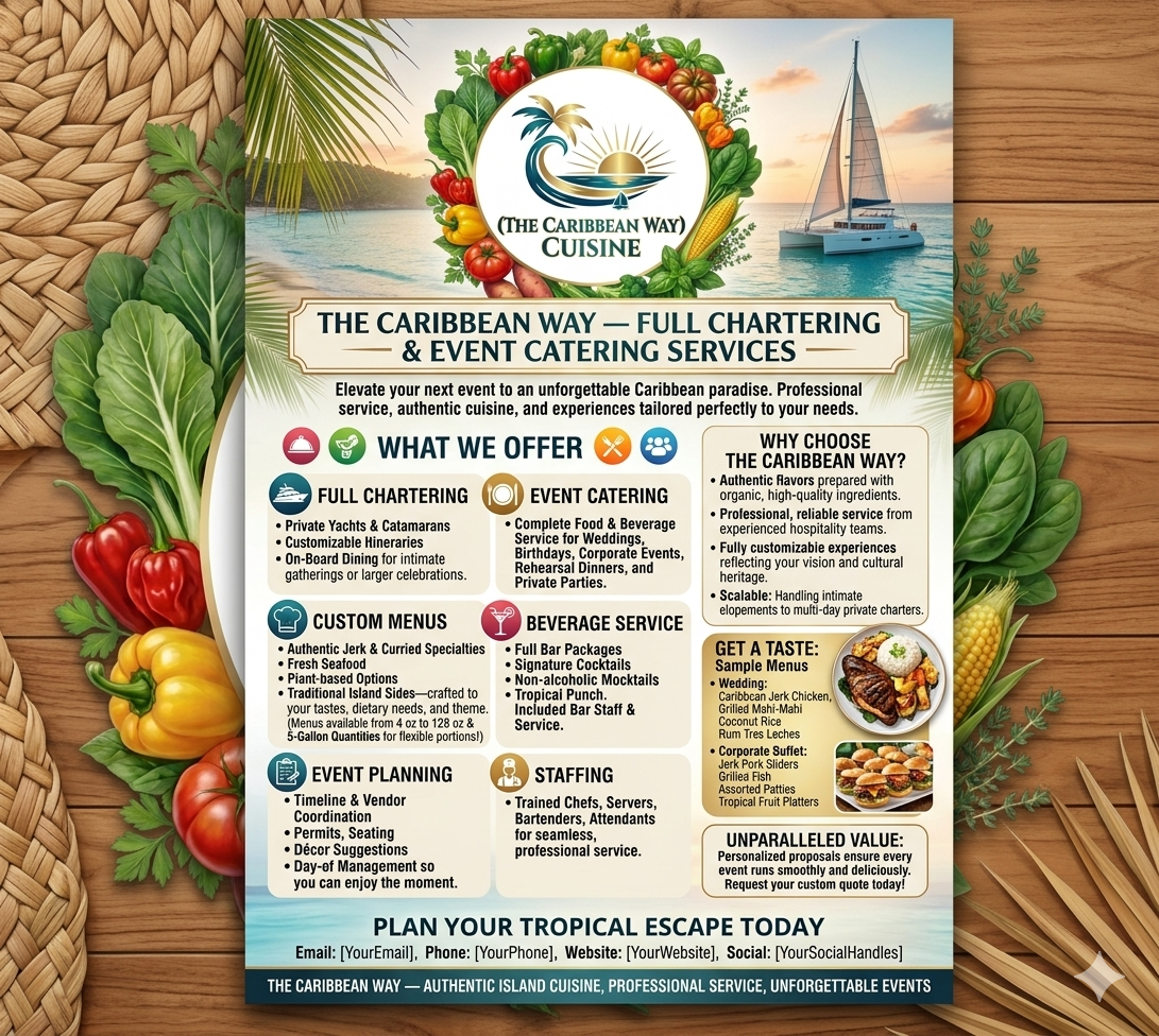 Flyer for The Caribbean Way Cuisine, offering full chartering and event catering services with a tropical island theme, featuring ship, sailboat, tropical fruits, and seafood dishes.