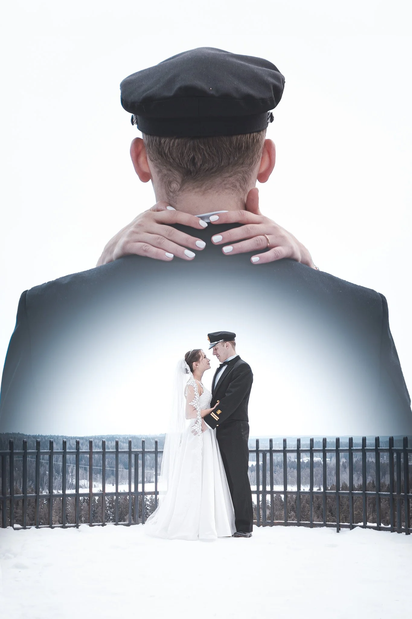 A couple dressed in wedding attire standing outdoors in winter, with a large, superimposed image of a person in uniform wearing a cap in the background.